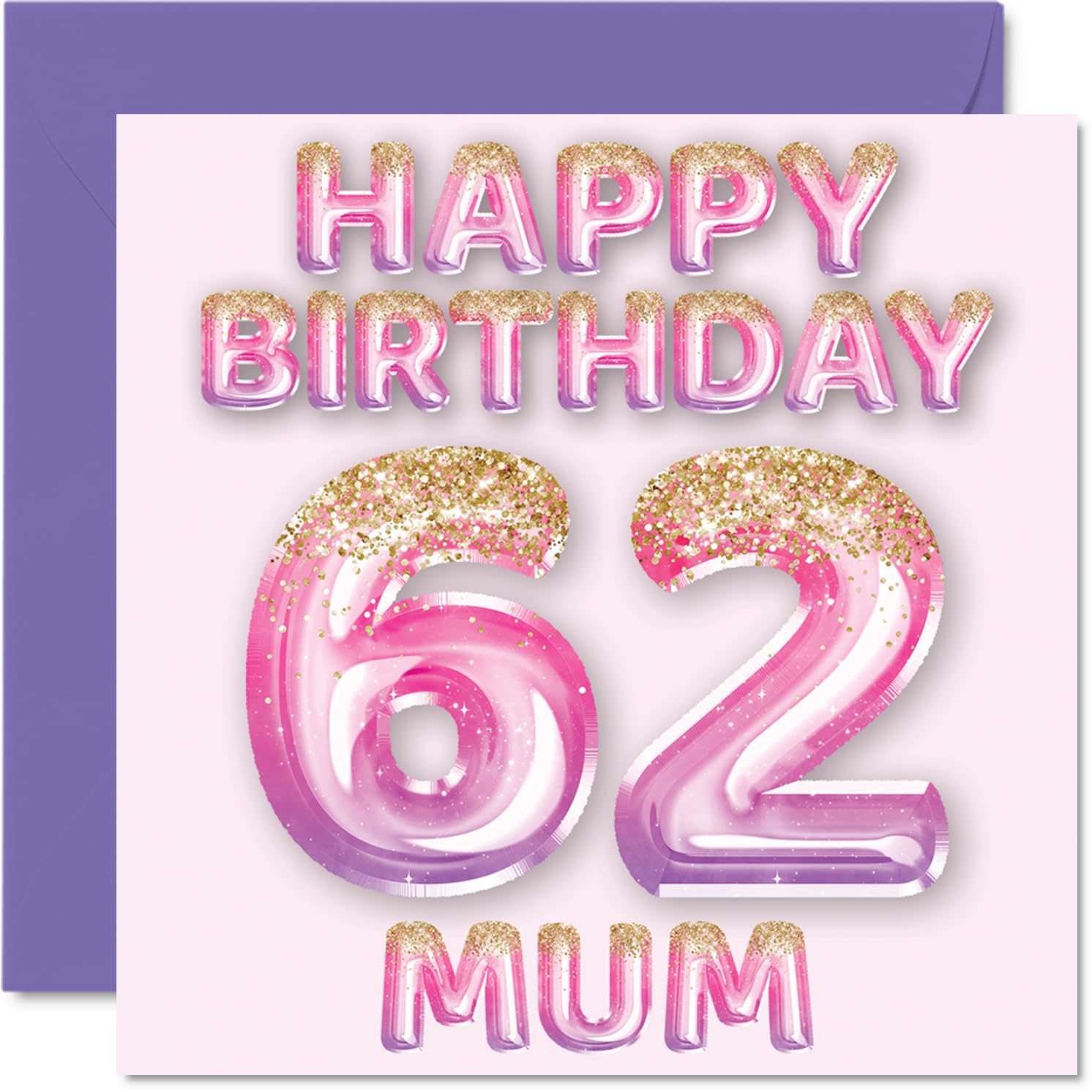 62nd Birthday Card for Mum, Pink & Purple Glitter Balloons