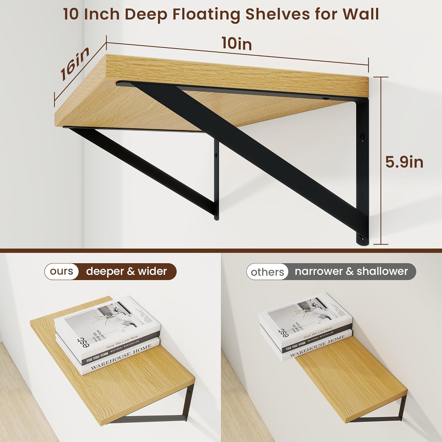 Axeman Deep Floating Shelves | 16 Inch Oak Wall Shelves Set of 2 | 10 Inch Deep Wood Floating Shelves for Wall | 16" W x 10" D Oak Shelves for Living Room Bathroom Kitchen