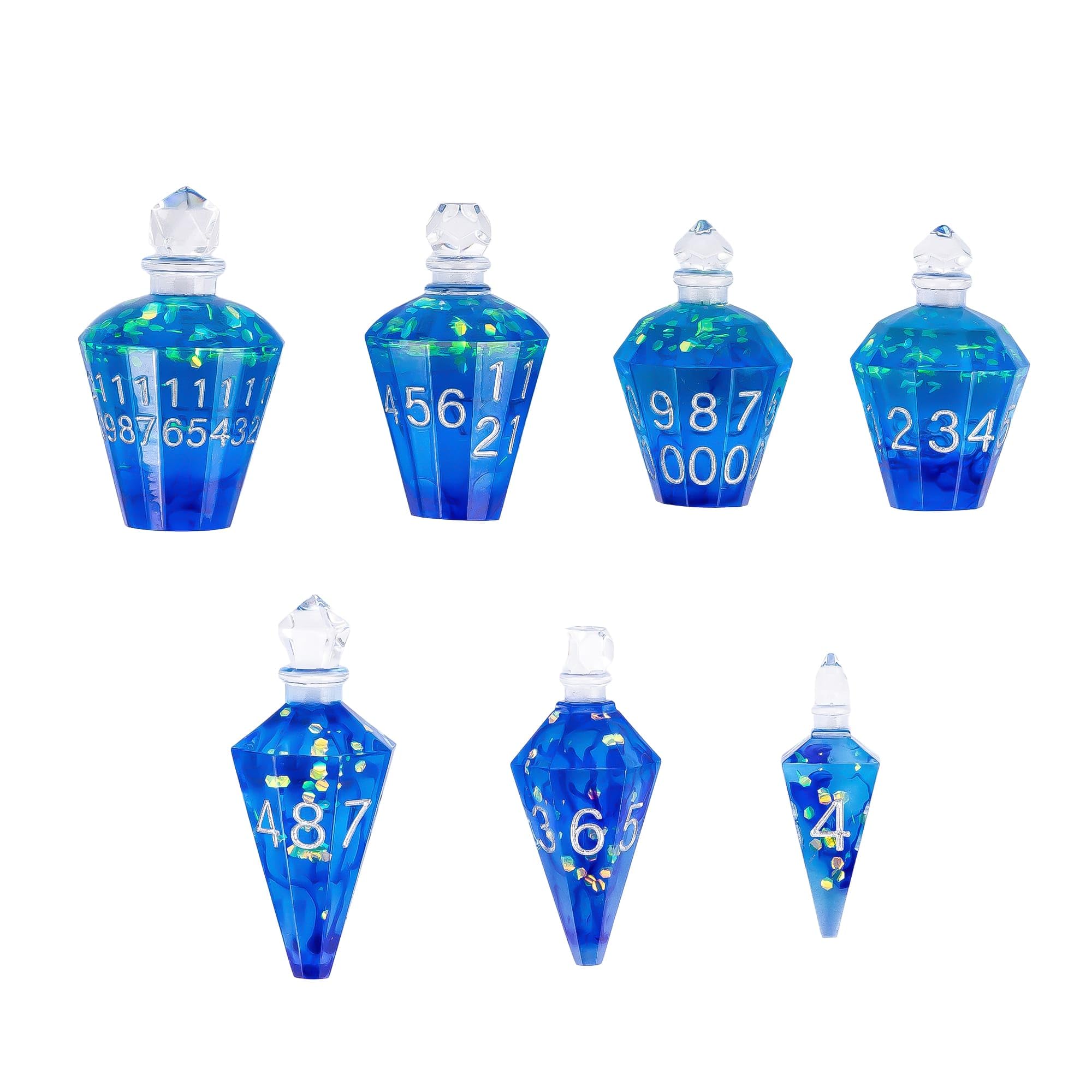 Lot de 7 dés DND Potion DND, dés polyédriques transparents à bords tranchants, pour jeux de rôle Donjons et Dragons (soie bleue avec échelle)