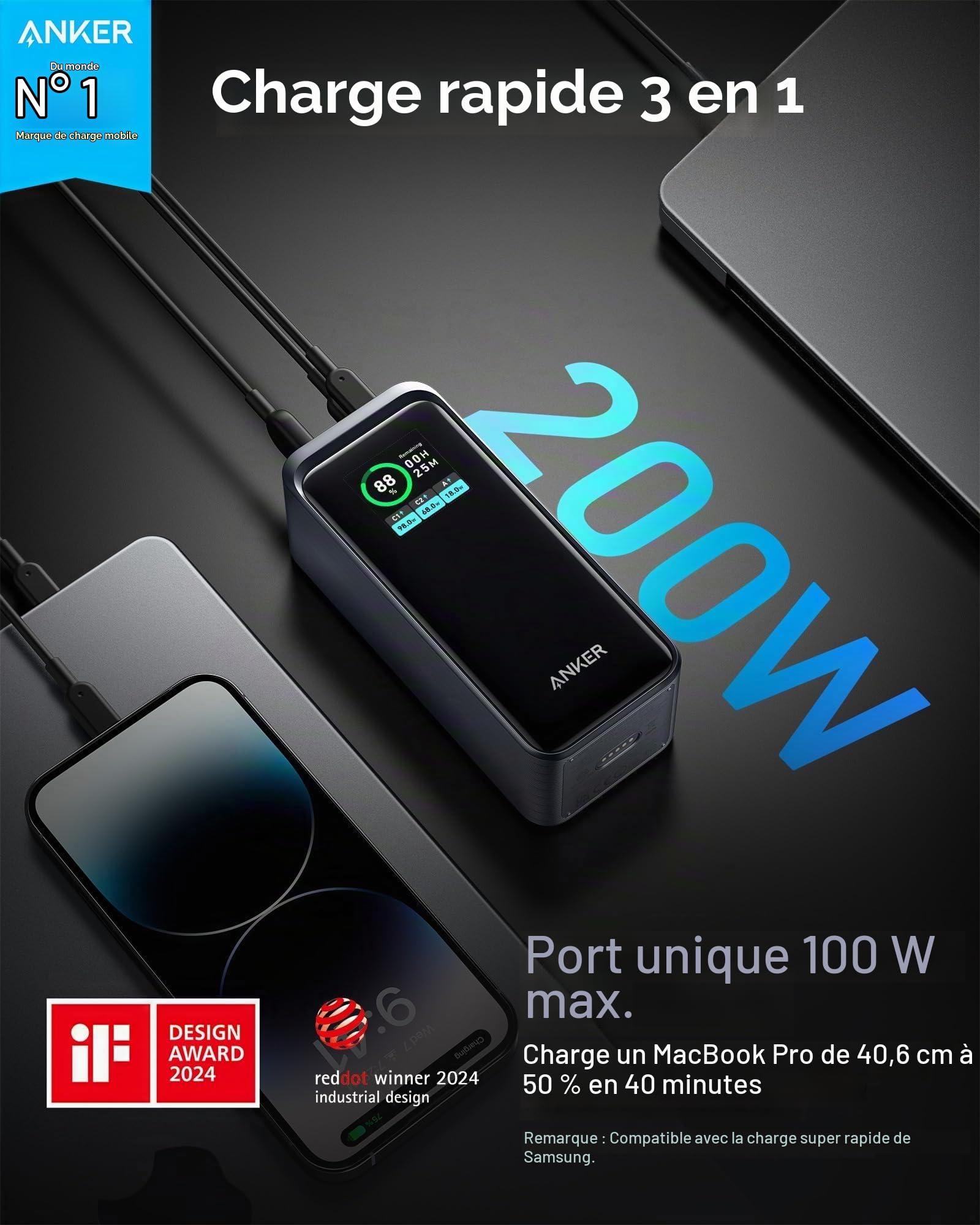 Anker Bundle Prime Batterie Externe 20000mAh 200W 3 Ports + Station de Charge 100W 4 Ports, Affichage Numérique Intelligent, Ensemble Complet, pour iPhone 17 16, MacBook Pro/Air, Samsung Galaxy, AirPo