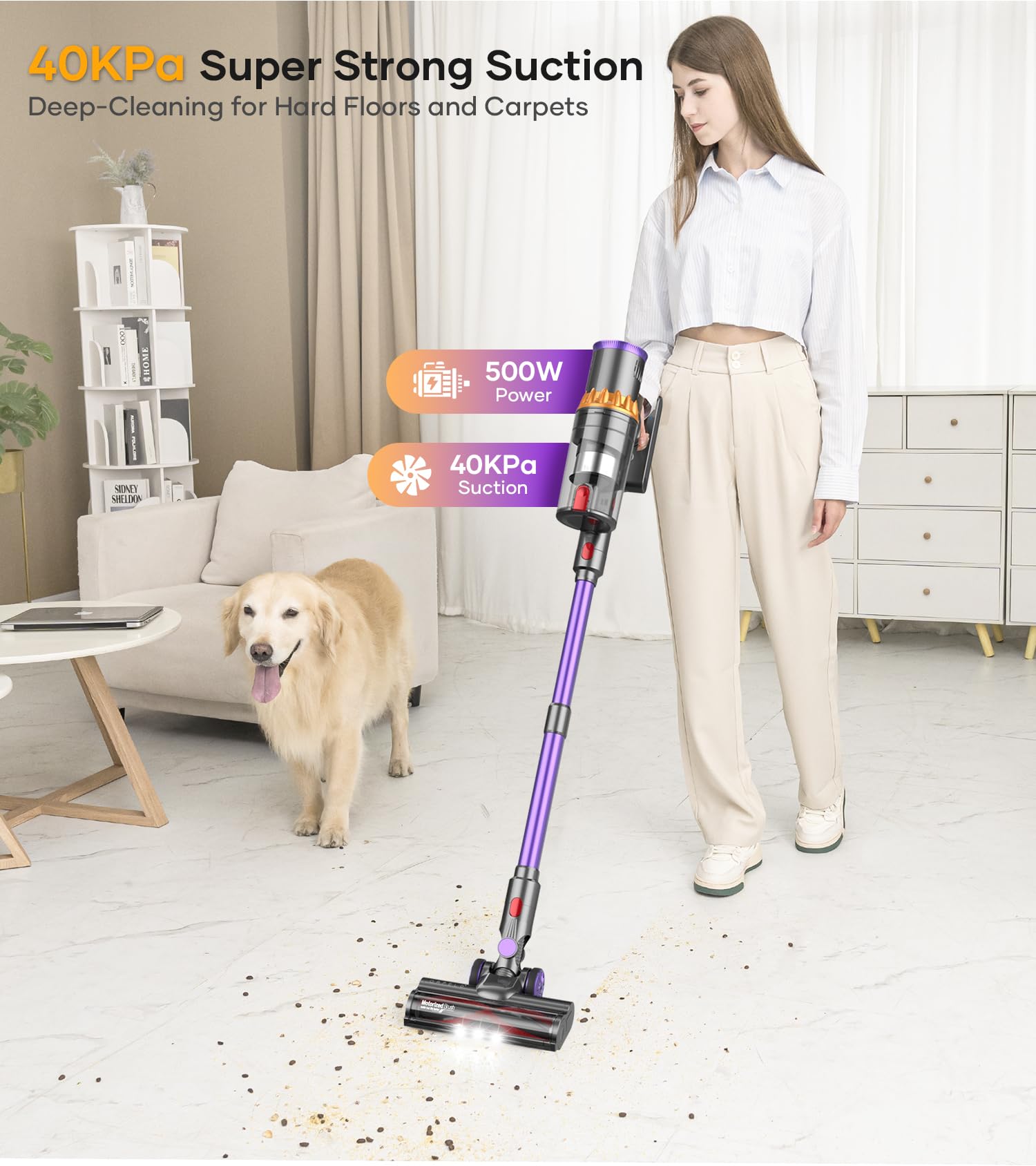 Cordless Vacuum Cleaner, 500W/40Kpa/60Mins Stick Vacuum with Smart Display & Auto Mode, Anti-Tangle Vacuum Cleaner for Home, Lightweight Vacuum for Pet Hair Carpet Hardwood Floor