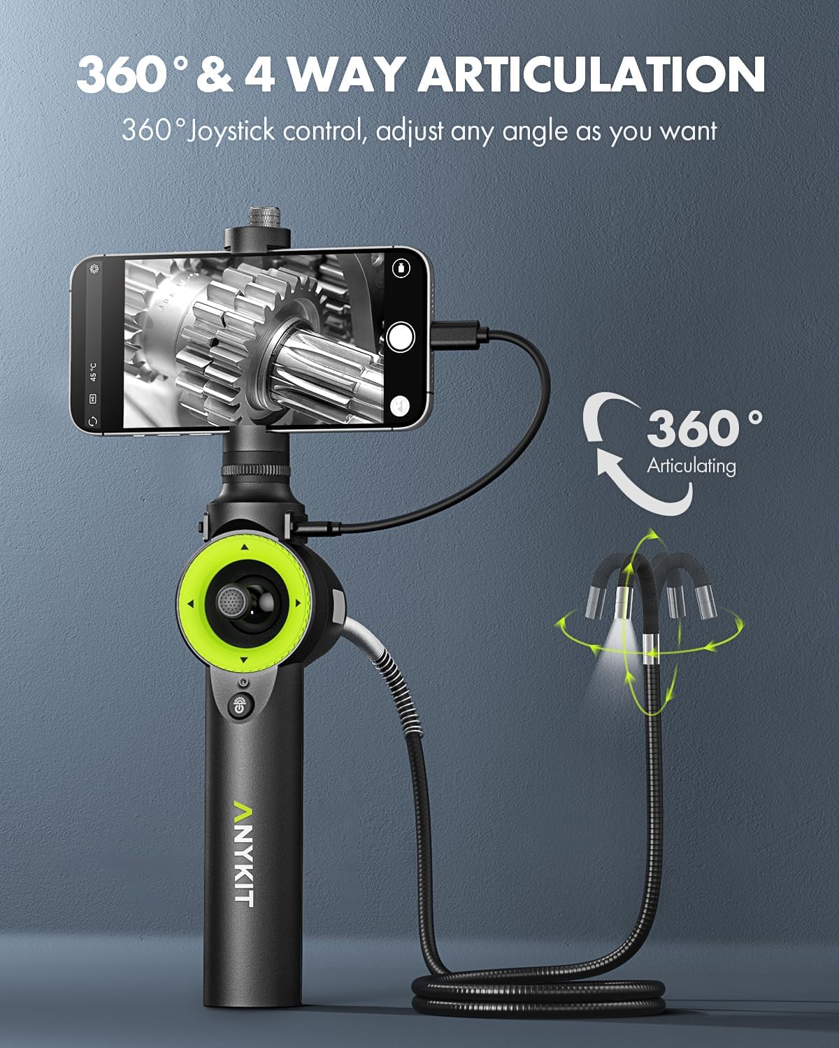 Anykit 360° 4 Ways Articulating Borescope, Industrial Endoscope with 0.26 in Articulated Snake Camera, Inspection Camera with 6 Adjustable LED Lights Compatible with Phone and Android - 3.3 FT