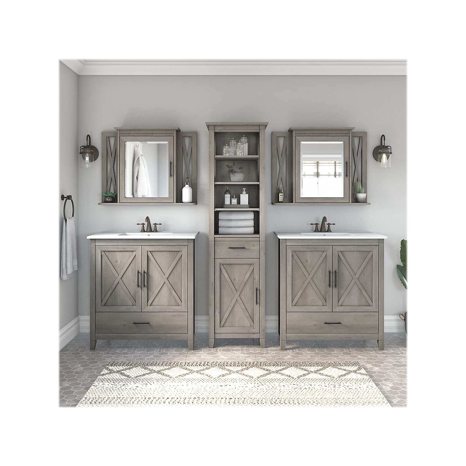 Bush Furniture Key West 64W Double Vanity Set with Sinks, Medicine Cabinets and Linen Tower in Driftwood Gray