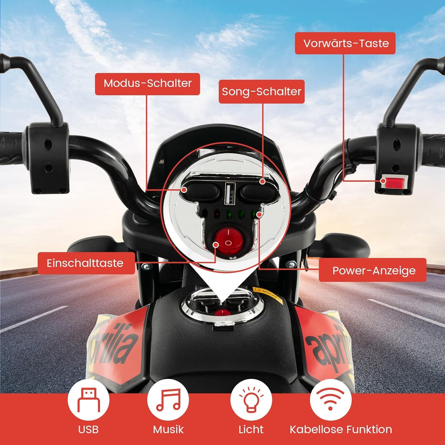 FANTASK Aprilia 12V Elektromotorrad für Kinder 5,5-6 km/h, Kindermotorrad mit Stützrädern & Musik & Scheinwerfer, Rote und Schwarze Motorrad für Kinder von 3 bis 8 Jahren, Rot