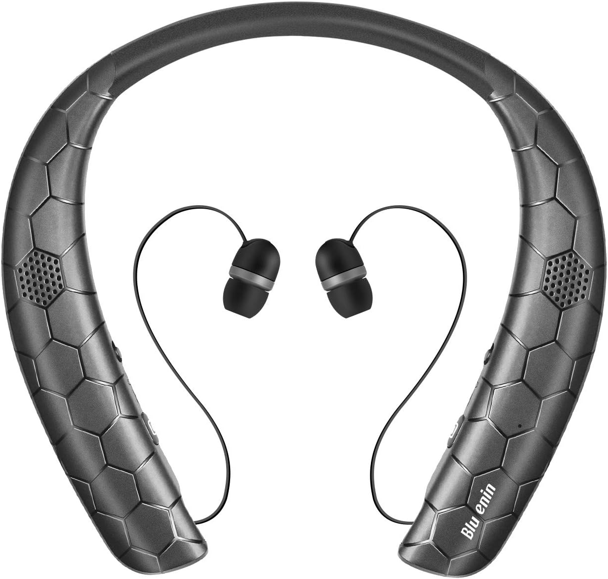 Bluetooth Headphones Speaker 2 in 1, Bluenin Neckband Wireless Bluetooth Headset with Retractable Earbuds, True 3D Stereo Sound Wearable Speakers Sweatproof Earphones Built in Mic
