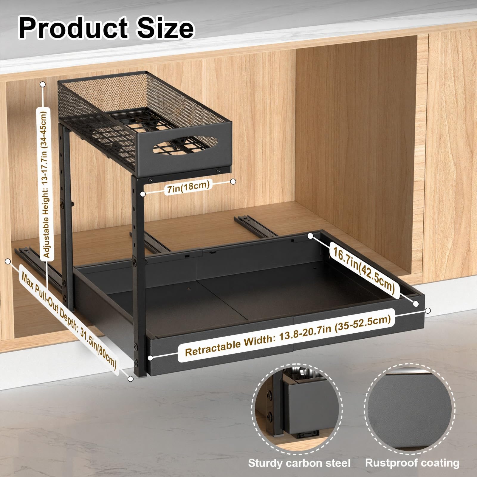 Housolution Rangement sous Évier en Métal, Largeur Extensible de 35 à 52 cm, Hauteur Réglable de 34 à 45 cm, Organisateur Étagère sous Évier Coulissant pour Placard de Cuisine, Un Côté