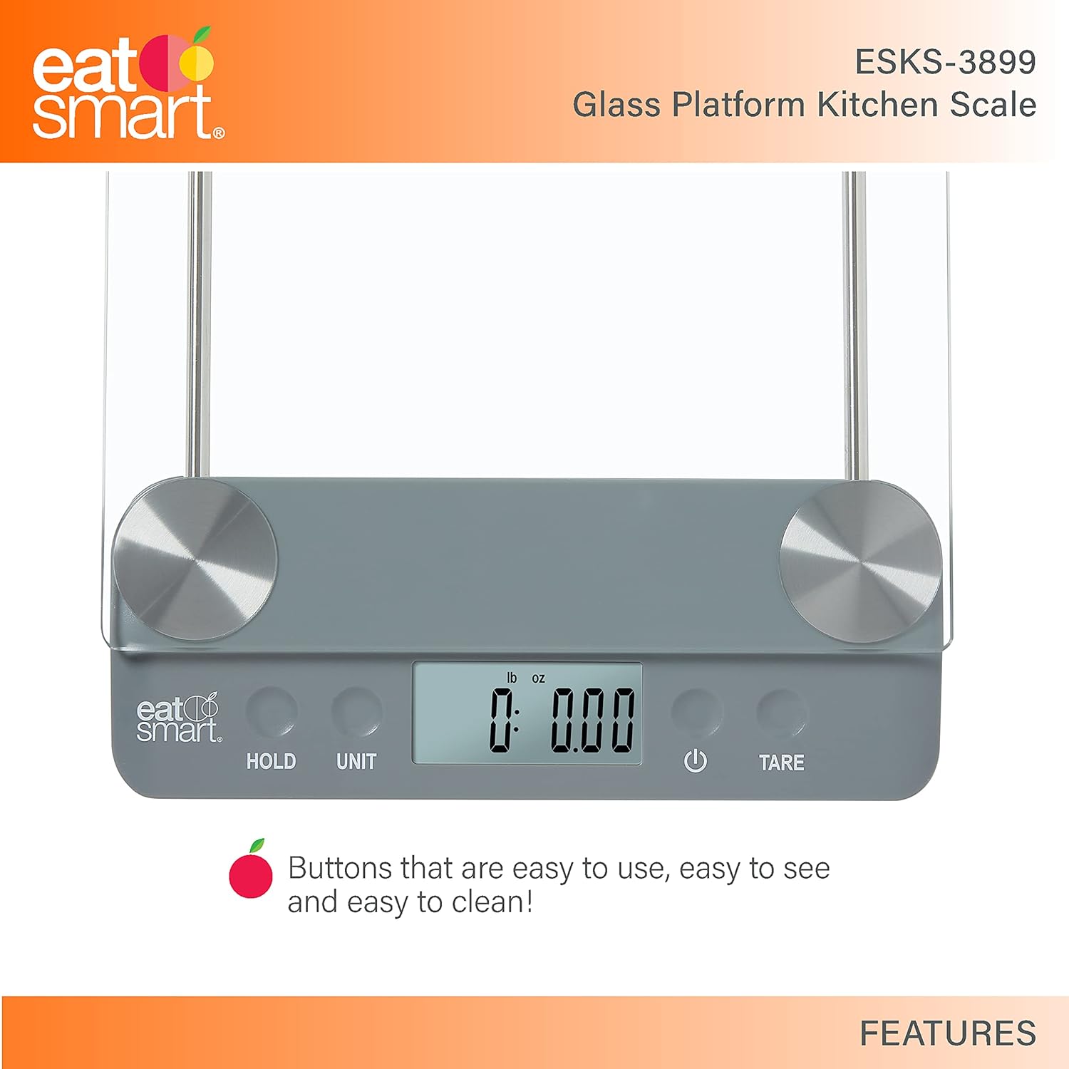 Eat Smart Eat Smart 33lb Glass Platform Food Kitchen Scale with Tare, Grey