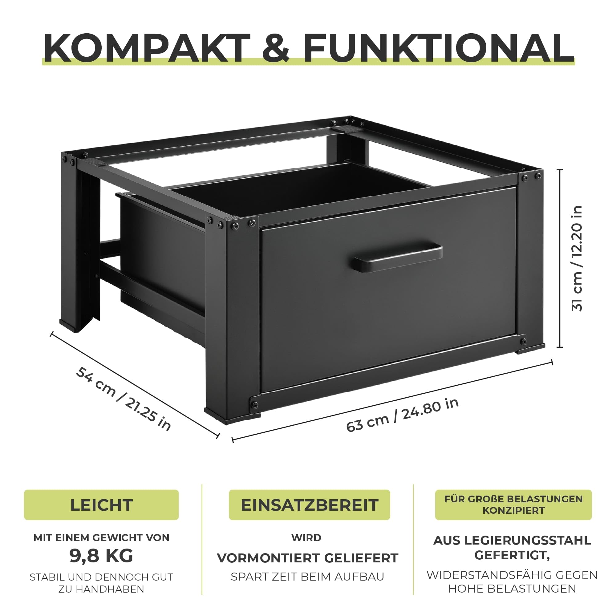 [en.casa] Waschmaschinen Untergestell Comfortixx mit Schublade Waschmaschinen-Unterschrank 63 x 54 x 31 cm Podest bis 150 kg gummierte Füße Stahl Schwarz