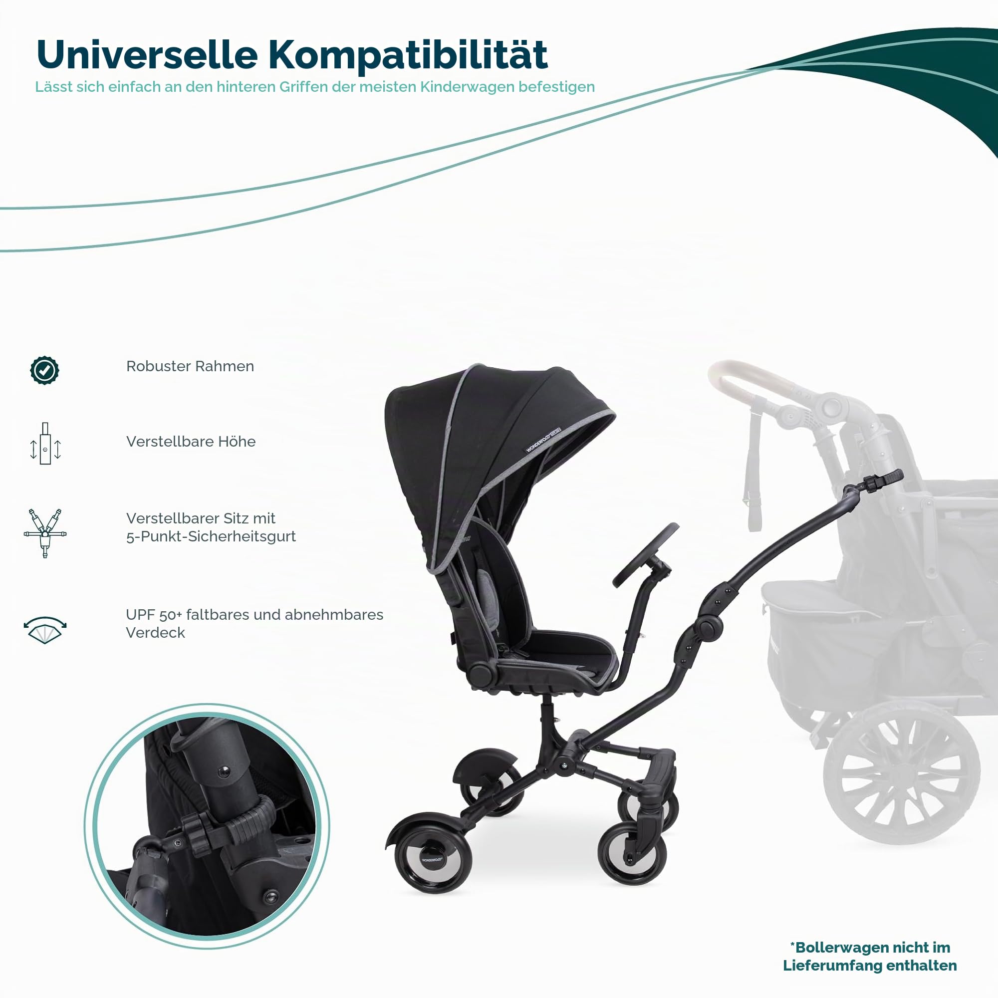 Wonderfold Buddy Rider Kinderwagen, faltbar, leichtes Design, verstellbarer Baldachin, Aufbewahrungskorb, Schwarz, 74,9x38,9x32,5 cm