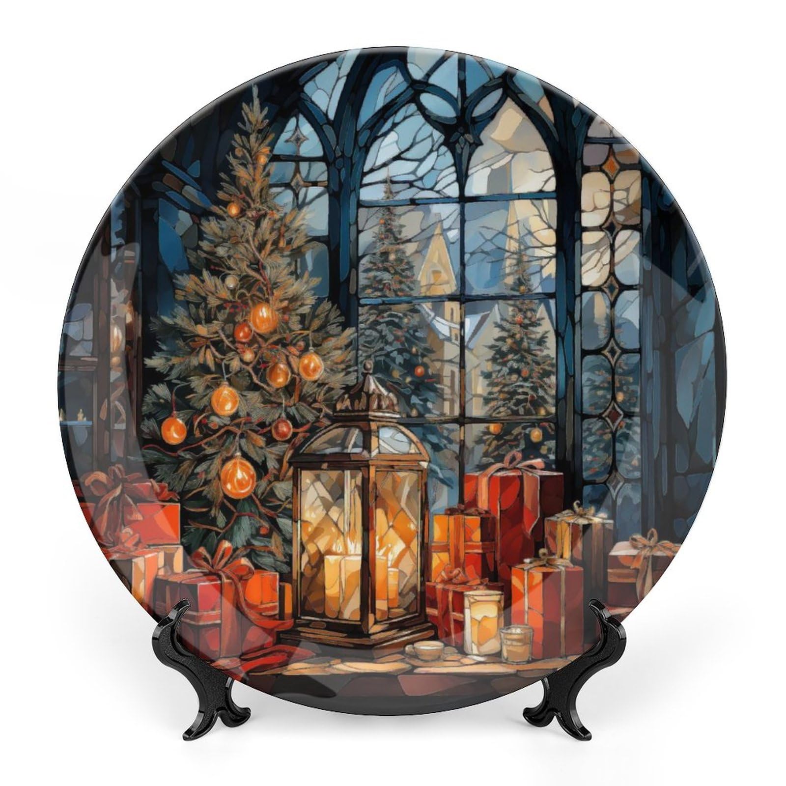Gokays Christmas Decorative Plates, Christmas Tree in Front of The Window Stained Glass Design Ceramic Dinner Plate Home Wobble-Plate w/Display Stand, Wall Hanging Decor for Kitchen Household 7 Inch