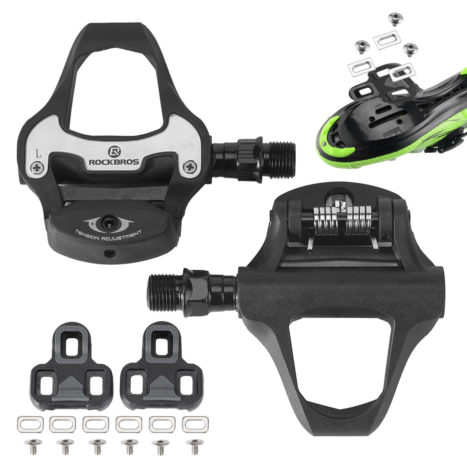 ROCKBROS Road Pedals Compatible with Look KEO, Latch with Plates 4.5° Lightweight Plastic Platform, Adjustable Voltage CrMo Axle for Road and Competition