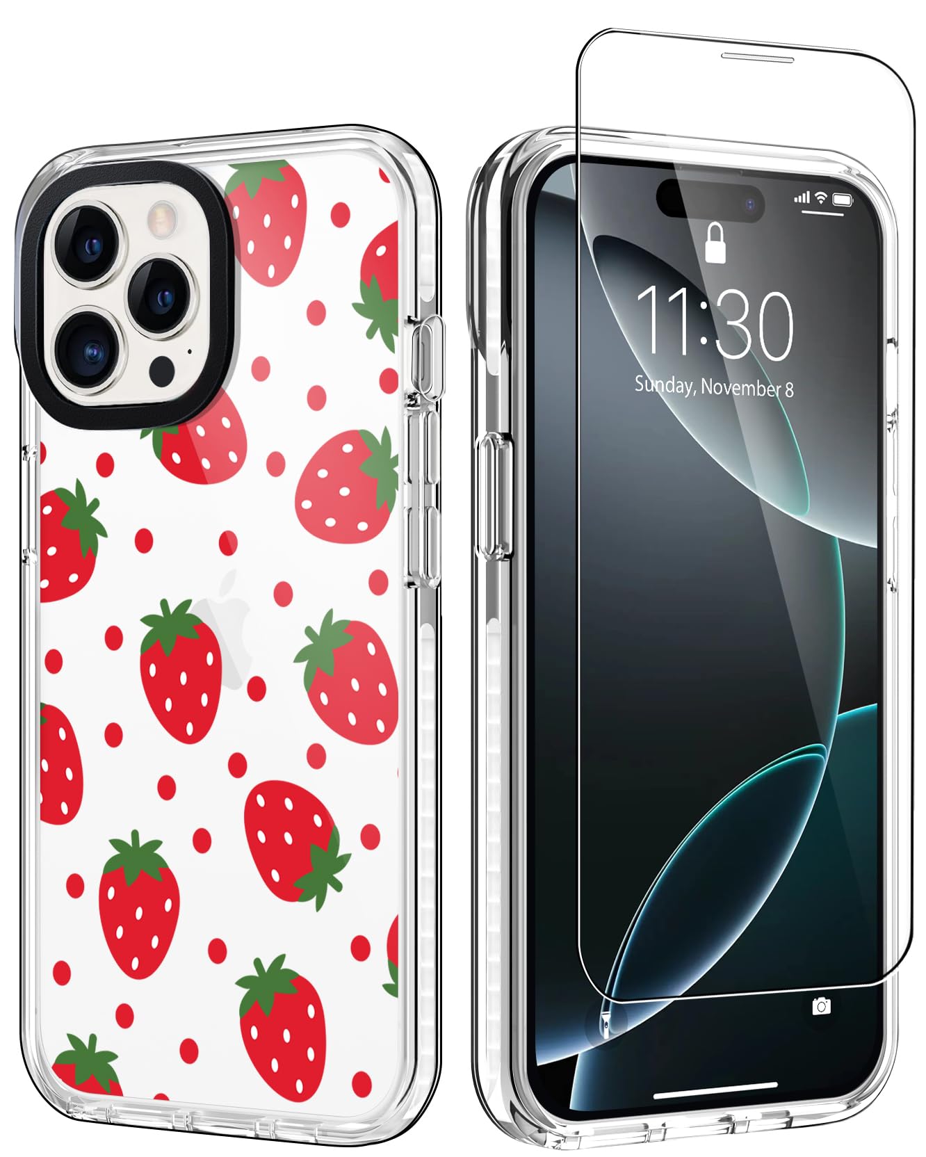 GULTMEE Designed for iPhone 16 Pro 6.3" with Tempered Glass Screen Protector,Cute Red Strawberry Slim Design with Shockproof PC Bumper Protective