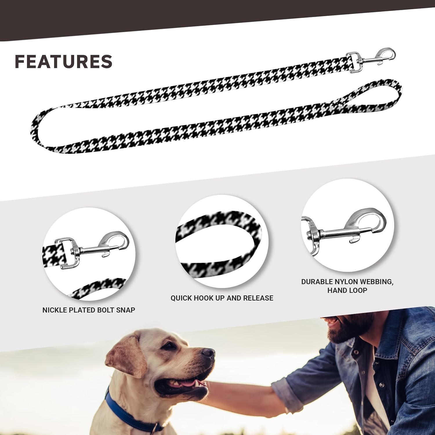 Deluxe Dog Leash - Patterned Heavy Duty Pet Leashes, Made in the USA - 1 Inch x 6 Feet, Houndstooth Black White