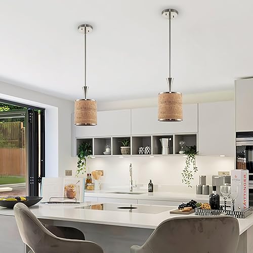 Miniatura 6 de Kira Home Chandler - Lámpara colgante moderna de 14 pulgadas + pantalla cilíndrica de corcho natural, acabado de níquel cepillado