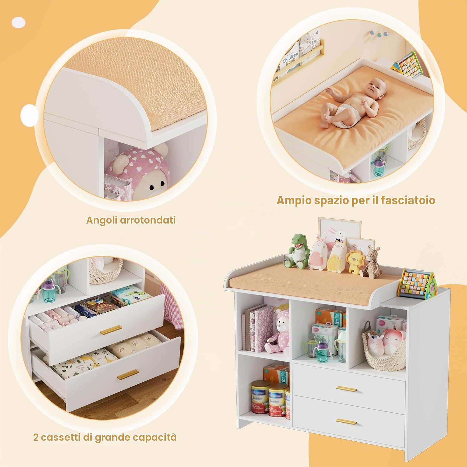 MSFE Fasciatoio Neonato, Fasciatoio Cassettiera con Ripiano Fasciatoio Rimovibile, Cassettone con 2 Cassetti e 3 Scomparti Aperti, per Cameretta Camera da Letto 94.7x 40x81.2cm - Bianco