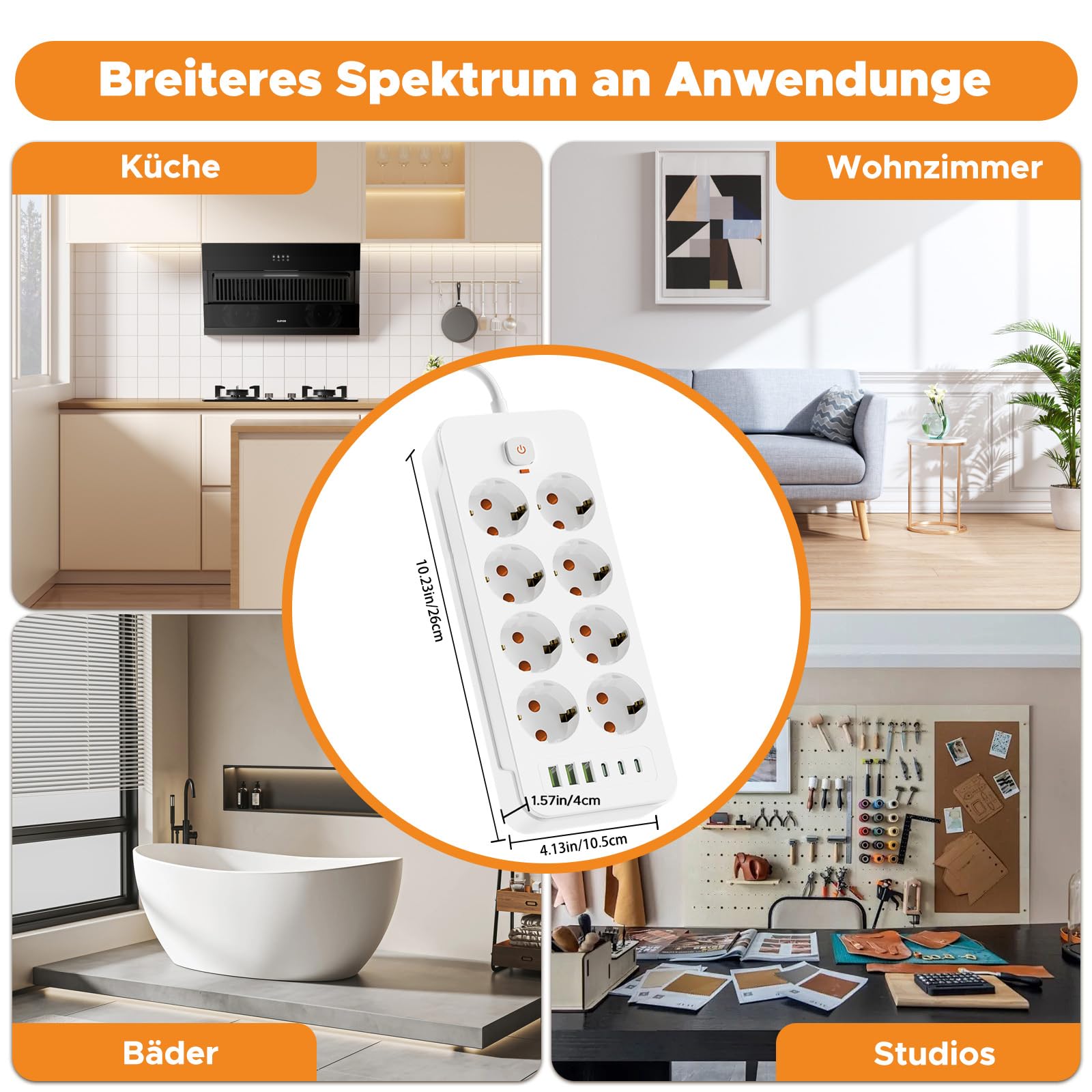 Regleta múltiple con USB C, regleta SNYZPN con interruptor de 8 tomas, cable de extensión de 5 m, cable de extensión con regleta de enchufe, protección contra sobretensiones, 3680 W, montaje en pared