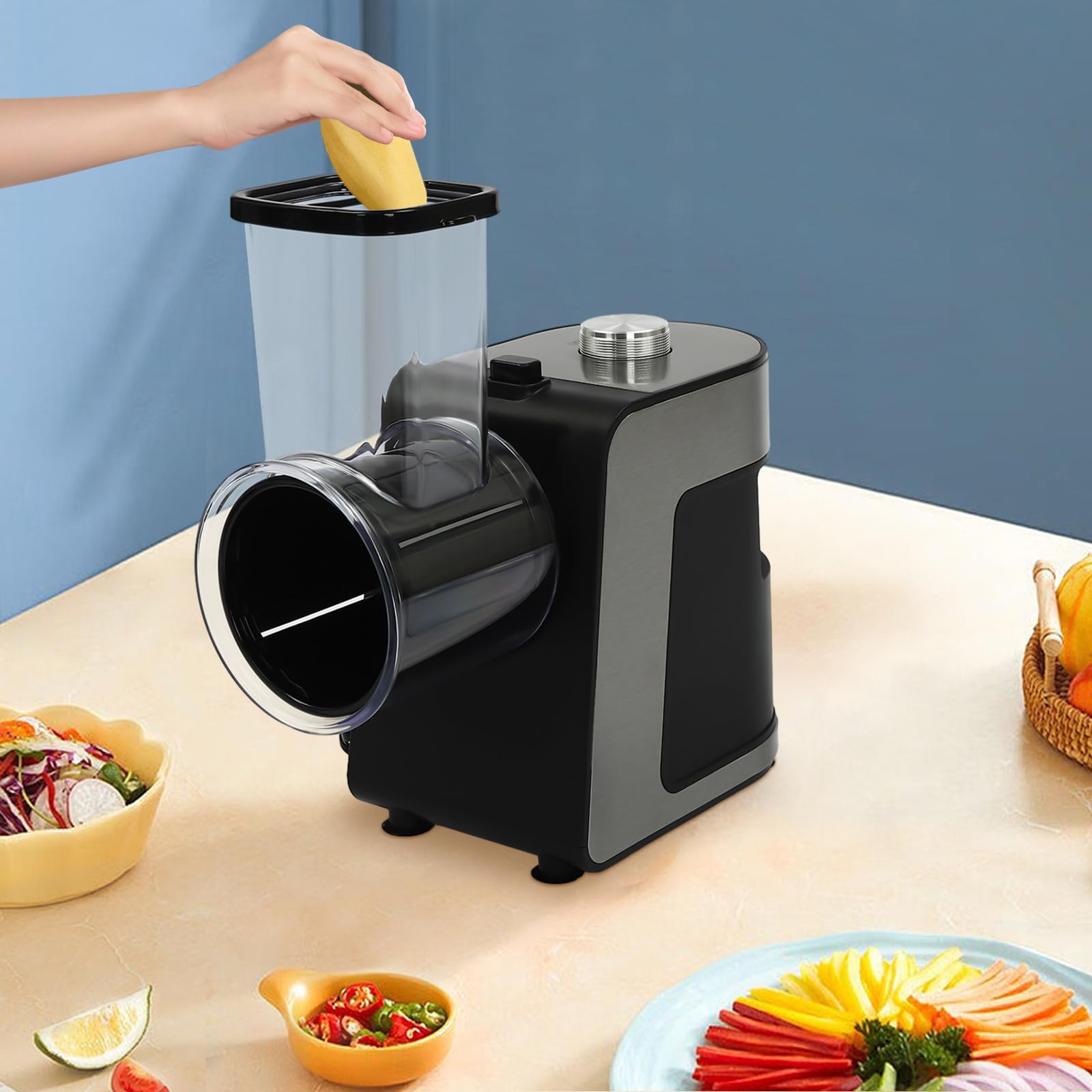 Cortador de verduras eléctrico de acero inoxidable, 5 en 1, rallador de verduras eléctrico, multi moulinette con 5 cuchillas, cortador eléctrico de verduras de 1000 W, fácil de limpiar