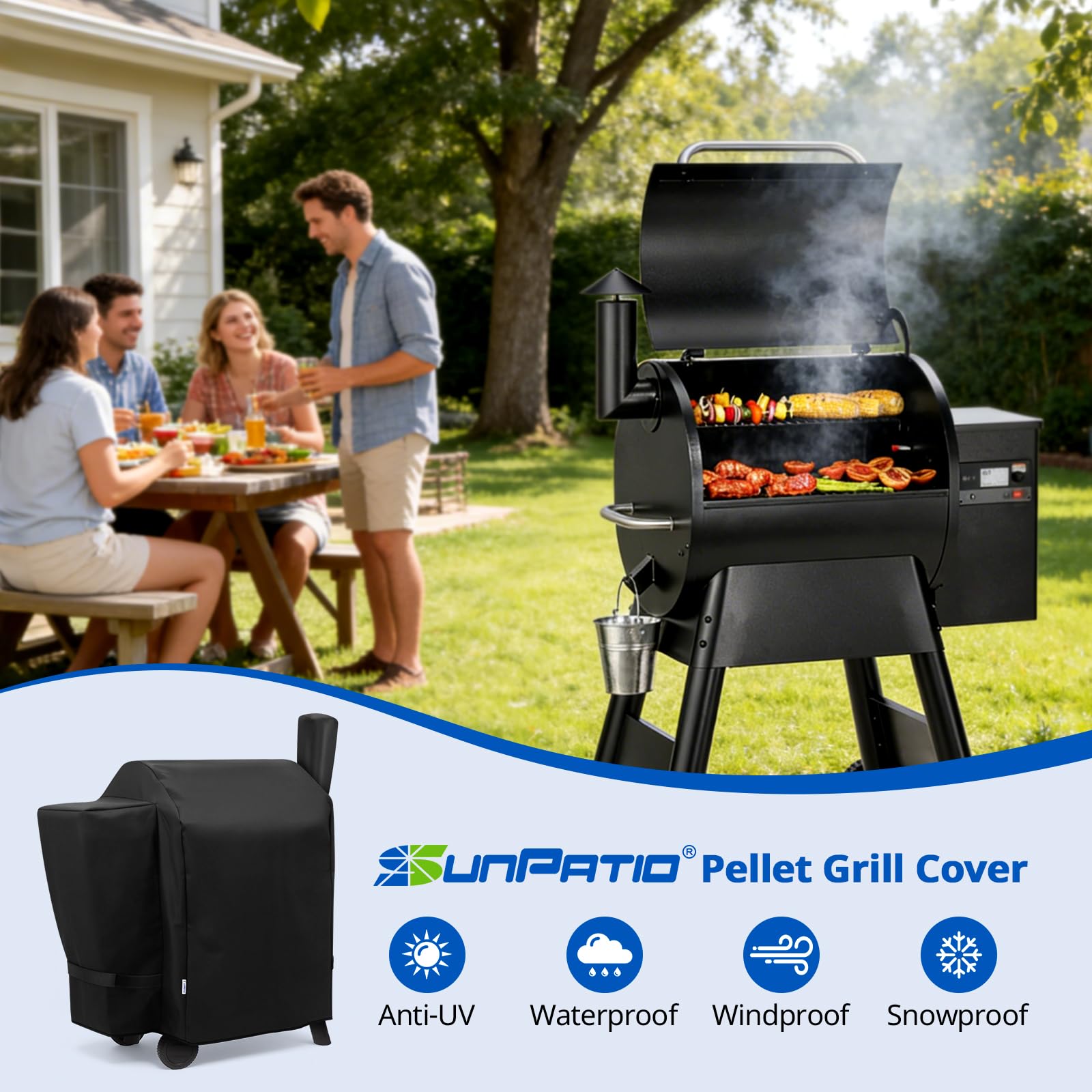 SunPatio Zewnętrzny wytrzymały grill na pelet drzewny z serii 22 i osłona na wędzarkę, wodoodporna i odporna na promieniowanie UV osłona grilla na całej długości do grilla Traeger serii 22 i Lil' Tex,