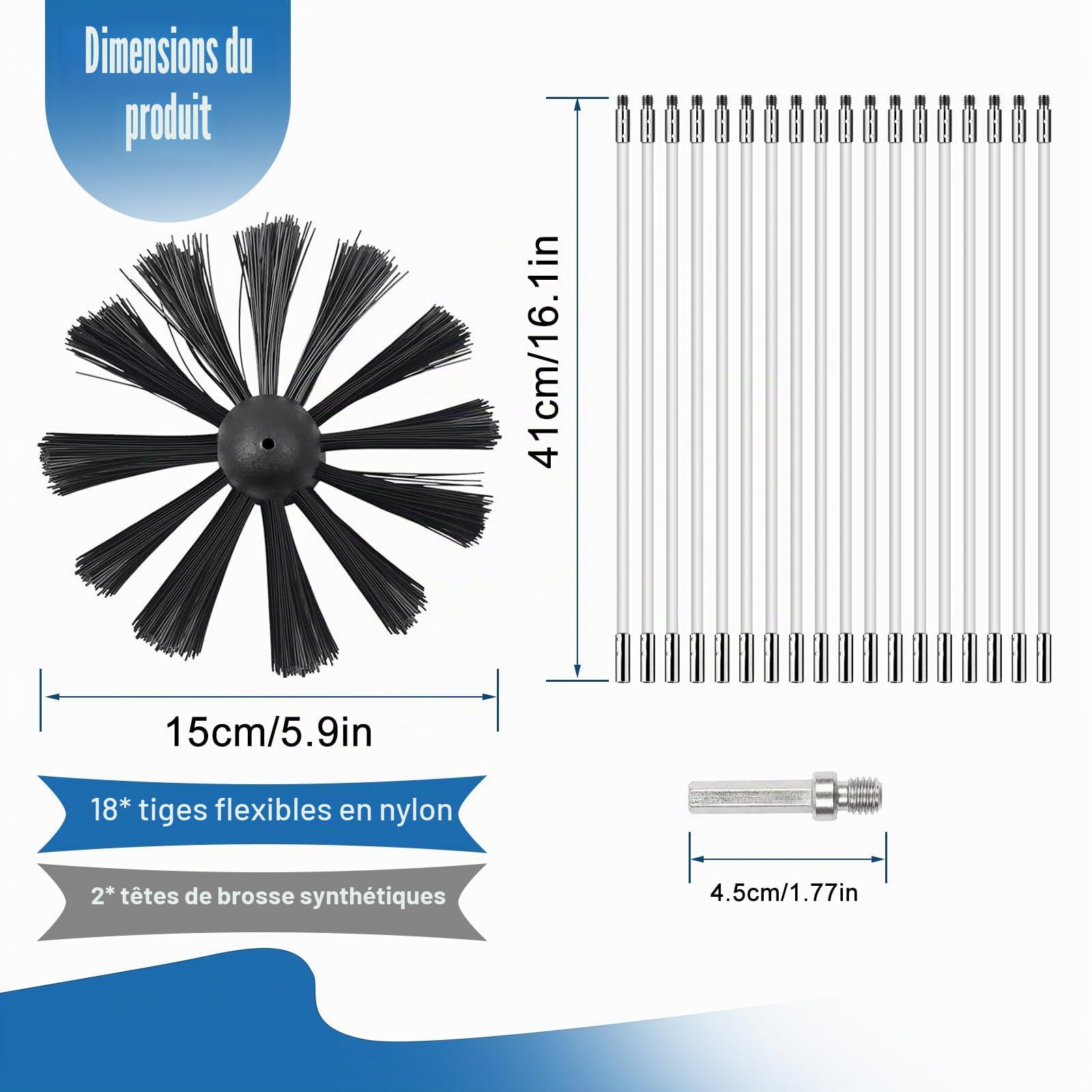 Kit de Brosse de Cheminée - Diamètre 150 mm, 18 Tiges de 410 mm, 2 Têtes de Brosse - Pour Poêle à Bois, Nettoyage de Cheminée