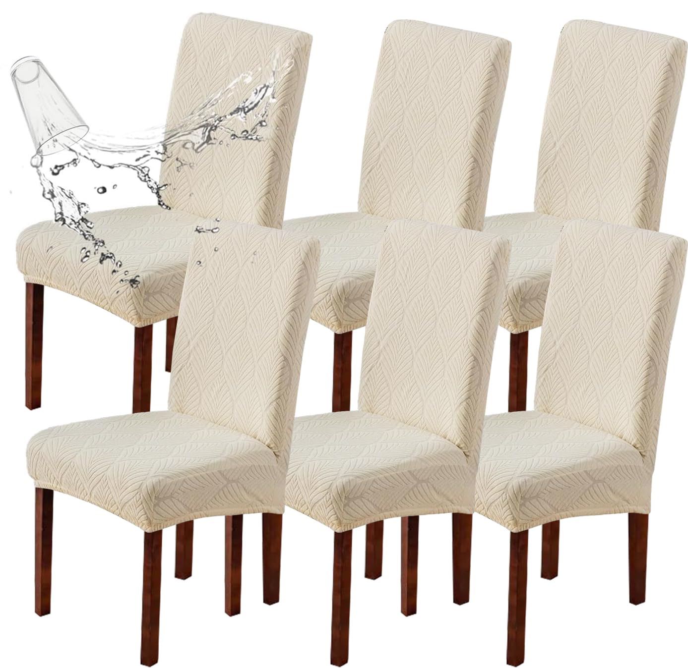 JUNZHE Set of 4/6 Dining Chair Covers, Modern Elastic Stretch Chair Protective Covers, Removable Washable Kitchen Chair Seat Cover (Cream-A,6 Pieces)