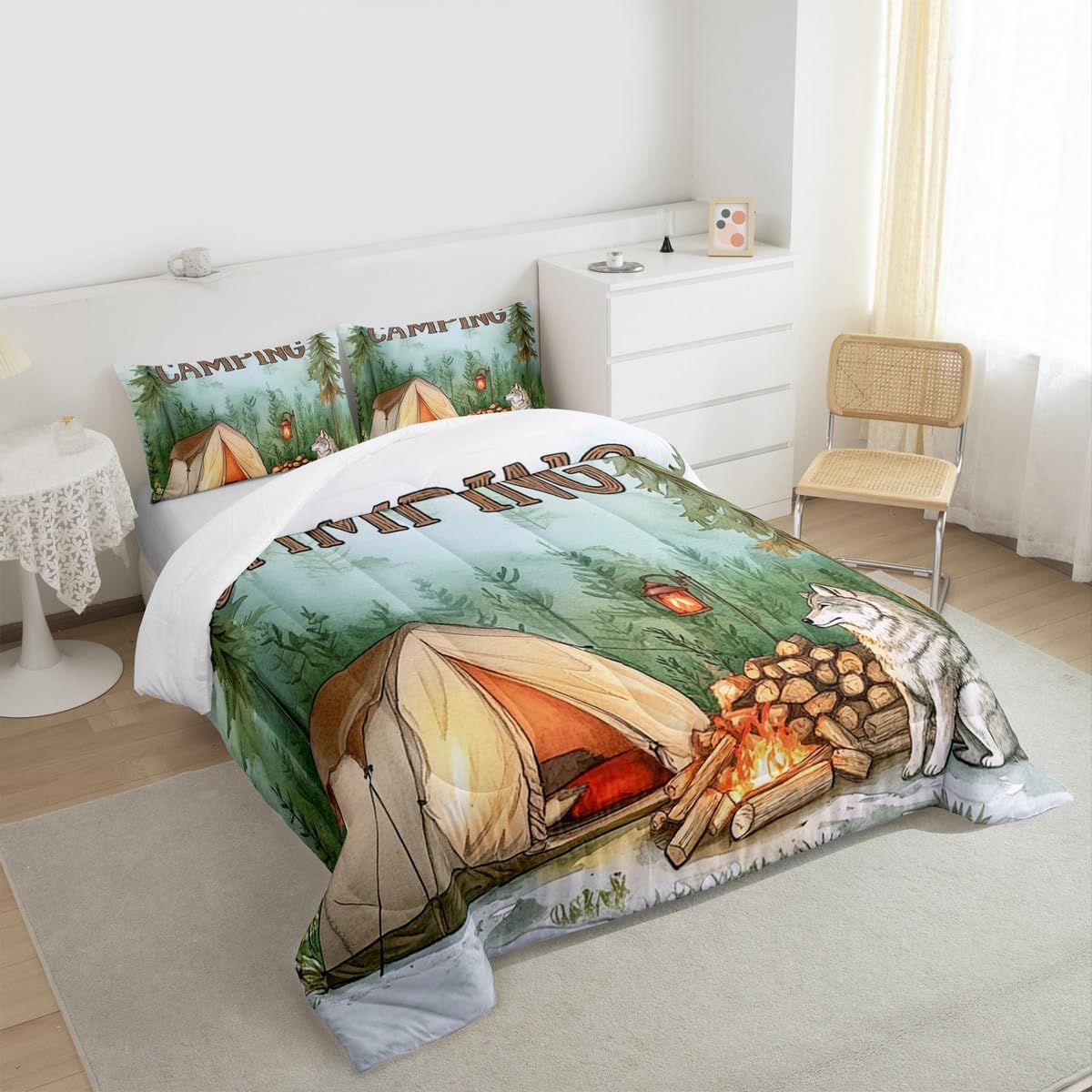 Homewish Zestaw pościeli kempingowej King Size - wilk namiot ognisko zestaw pościeli chłopcy leśne drzewo zestaw kołdry - kreskówka dzikie zwierzęta pościel wystrój pokoju kołdra bez pokrowca