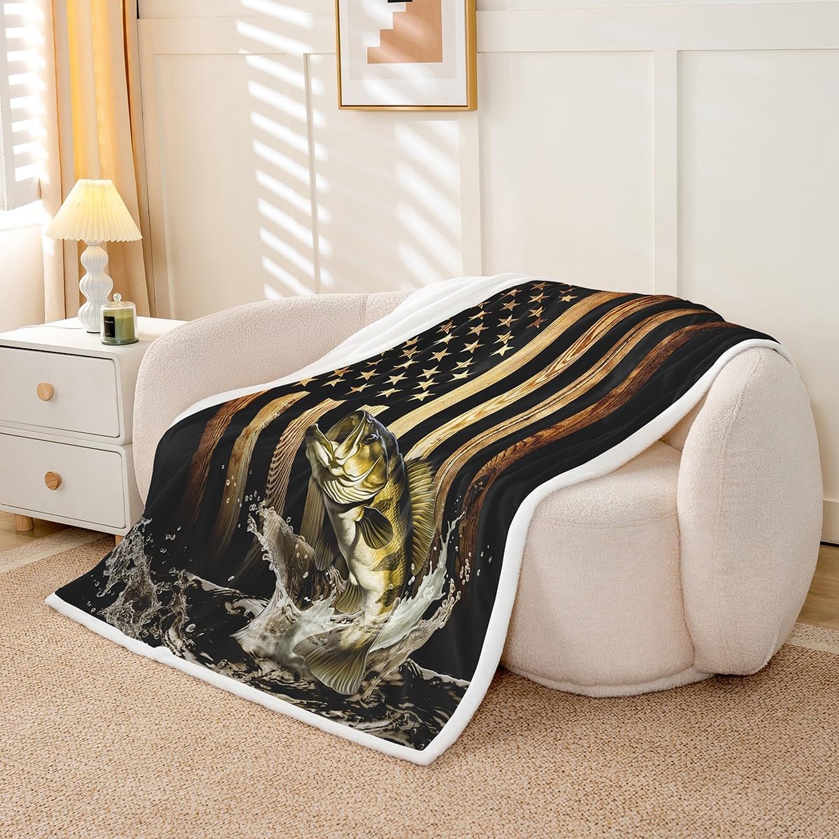 Homewish Vintage American Flag Throw Blanket,Men Fishing Hunting Blankets,3D Bass Fish Fleece Blanket for Kids Boys Adult Room Decor,Rustic Style Black Brown Wooden Stripes Sherpa Blanket