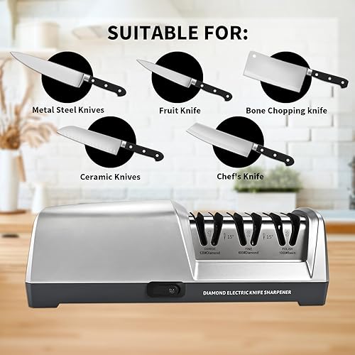 Miniatura 4 de Afilador de cuchillos eléctrico de 3 etapas, con abrasivos 100% de diamante y guías de ángulo de precisión de 15, afilador de cuchillos eléctrico