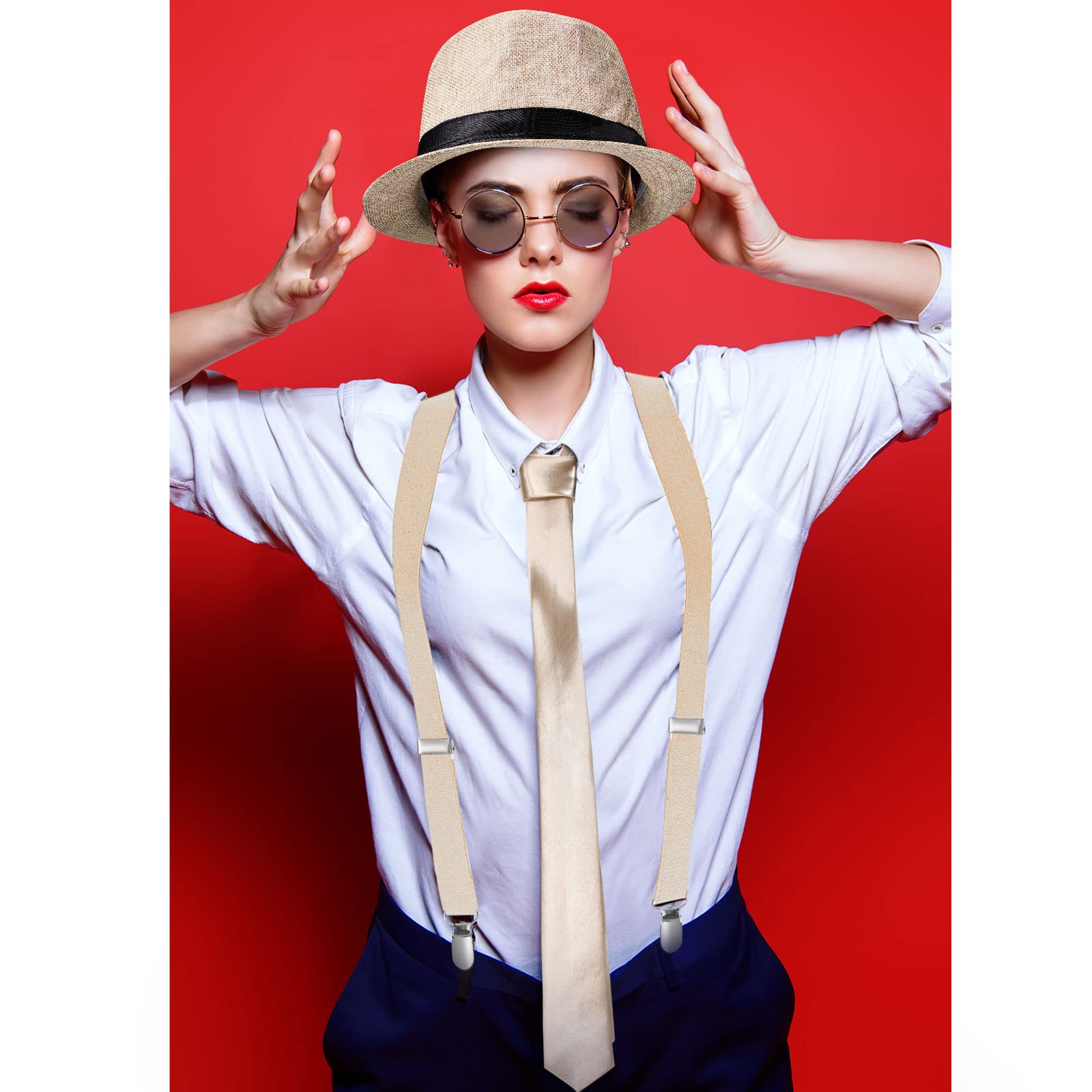 Blulu Set Accessori Costumi Uomo Anni '20 Costume da Gangster Retrò, Cappello, Papillon, Orologio, Bretella, Occhiali, Barba, Bracciale Reggicalze, Fermacravatte (Stile Semplice, Bianco Sporco)