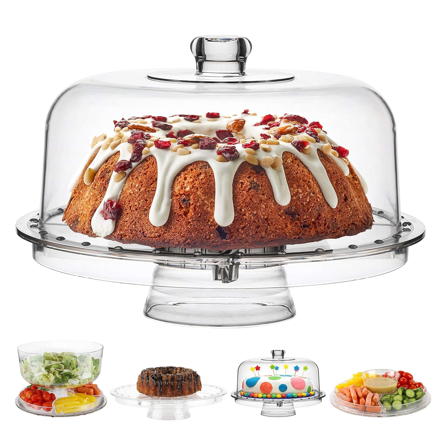 Acrylic Cake Stand with Transparent Dome 6 in 1 Multi-Functional Serving Platter and Cake Plate for Cake Holder, Salad Bowl, Platter, Punch Bowl, Desert Platter, Nachos & Salsa Plate