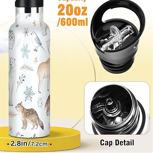 Miniatura 2 de Botella de agua para niños con pajilla, botella de agua de acero inoxidable para viajes o escuela, 20 onzas, sin BPA, animales árticos blancos