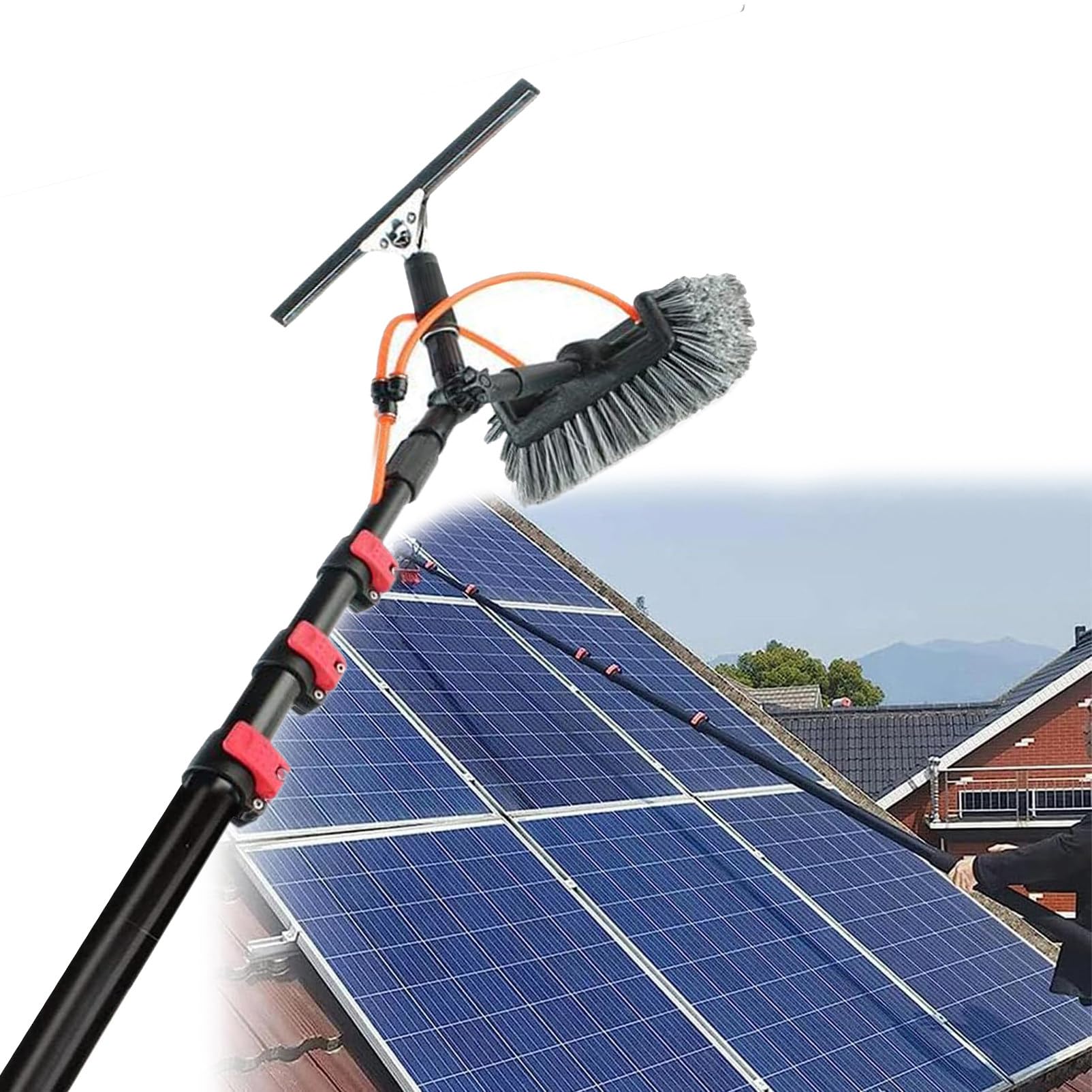 Kit de Limpieza de Ventanas con Cepillo con Manguera, Alcance de 11 Metros para Paneles solares e invernaderos, Varilla con depósito de Agua para una Limpieza eficaz.