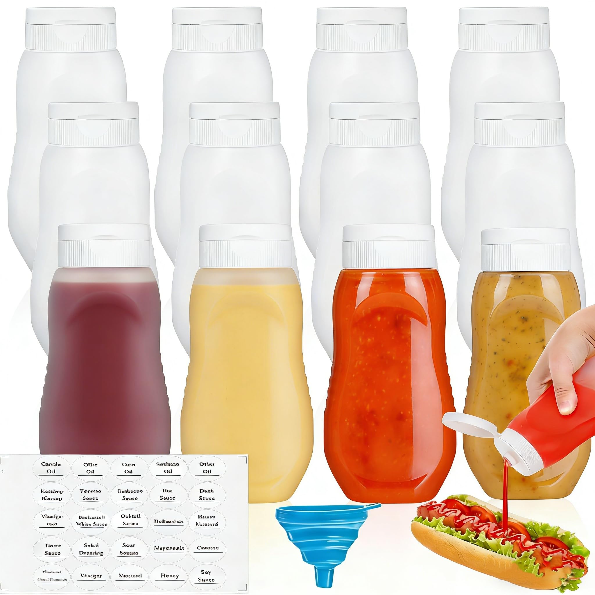 Botellas para condimentos vacías Goaste de plástico transparente con tapa, 12 unidades