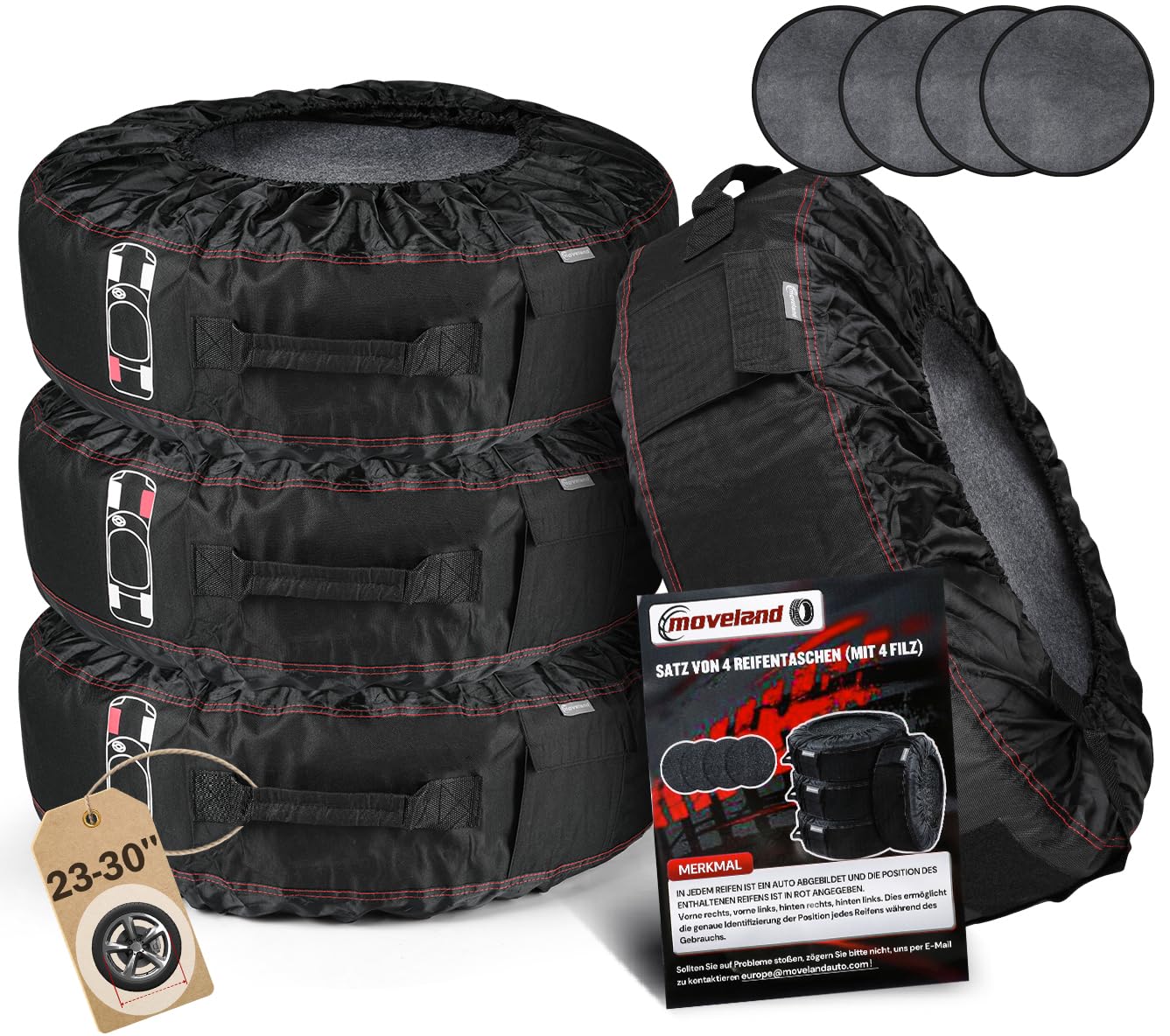 moveland reifentaschen 23-30 Zoll - Reißfeste reifentasche 4er Set- Keep Clean reifensäcke - reifenschutzhülle mit 4 Filzpads - wasserdicht staubdicht schützen lagern und transportieren Reifen