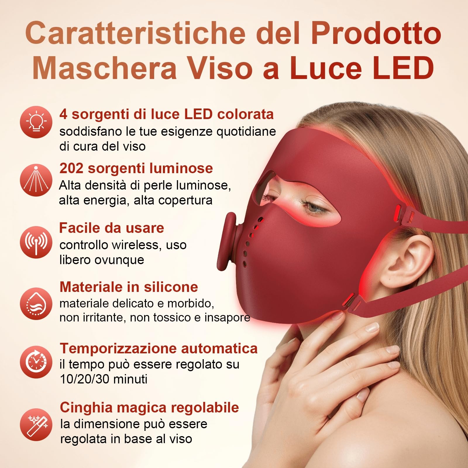 Maschera LED Viso, 4 Colori di Luce, Senza Fili in Silicone Morbido con Temporizzatore, per Cura Quotidiana del Viso