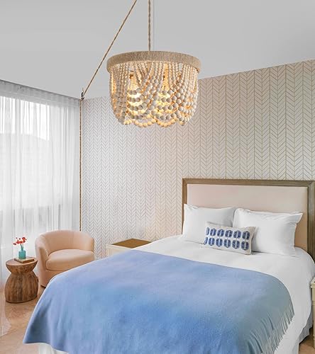 Vista 24 de AZMASA - Lámpara de techo con cuentas de madera, estilo bohemio, de montaje empotrado, cuerda de cáñamo, 3 luces para guardería, dormitorio