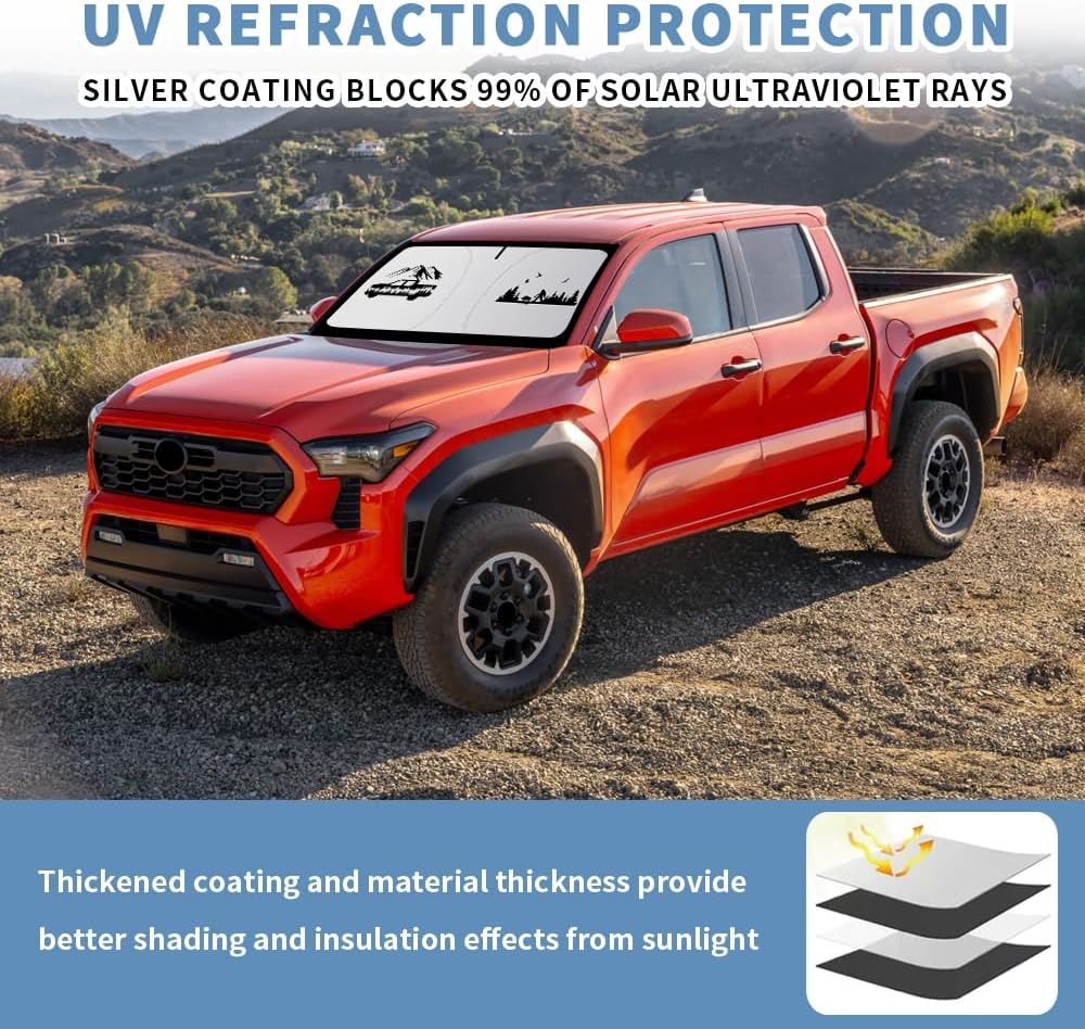 Front Windshield Sun Shade Custom Fit Compatible for Tundra Tacoma 2005-present Sunshade Foldable UV Ray Reflector Visor Accessories Shield Cover Reflective