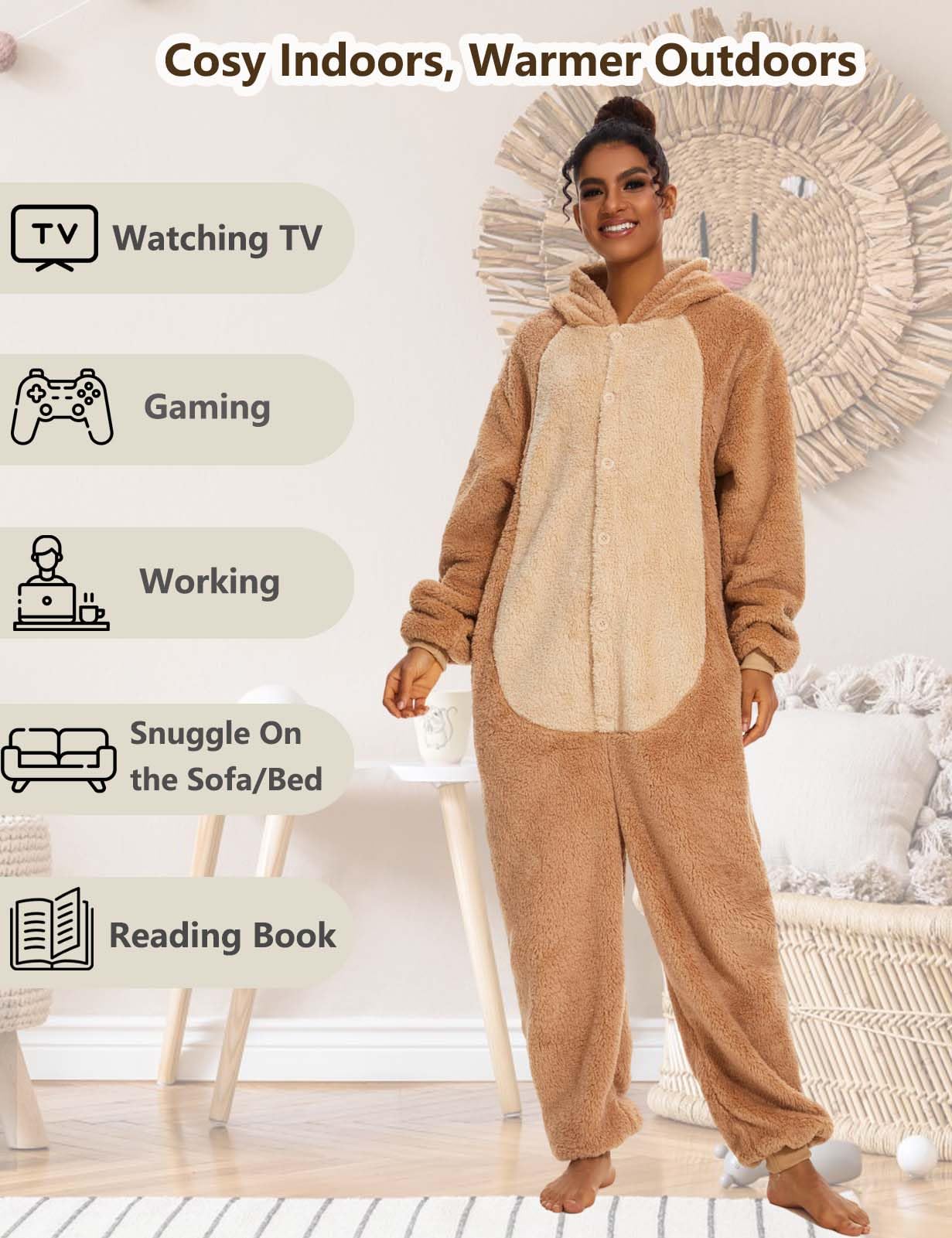 Tuta Donna Invernale Peluche Gigante Animali Pigiama Unisex con Cappuccio Tuta Donna Completa Adatto Come Costume Carnevale o Pigiami Natalizi Famiglia