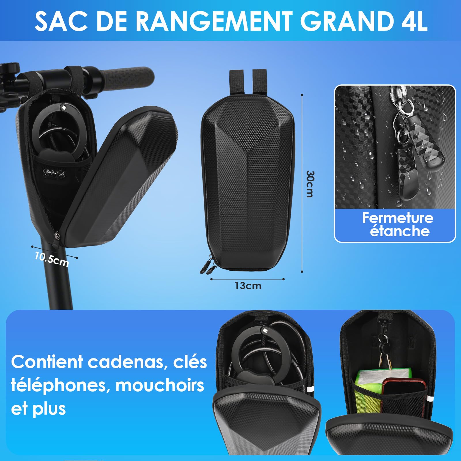 Antivol Trotinette Electrique avec Serrure à Code à 4 Chiffres, 150cm Cadenas Trotinette Electrique avec Sac de 4L, 12mm Antivol Velo, Chaine Antivol pour Trottinettes, Vélos, Poussettes