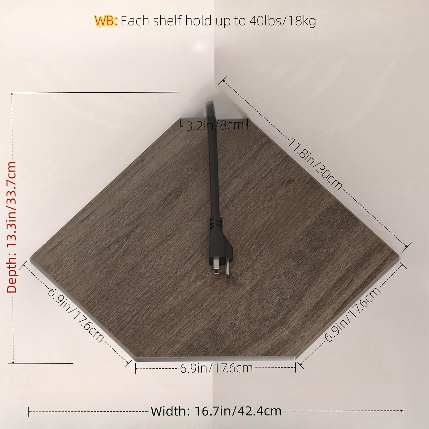 JJL Corner Shelf, 12 Inch Corner Shelf Wall Mounted with Wire Hole, 2 Tier 13.3 Inch Deep Wooden Corner Hanging Shelves for Wall Storage, for Speaker, Cable Box, Grey image 3