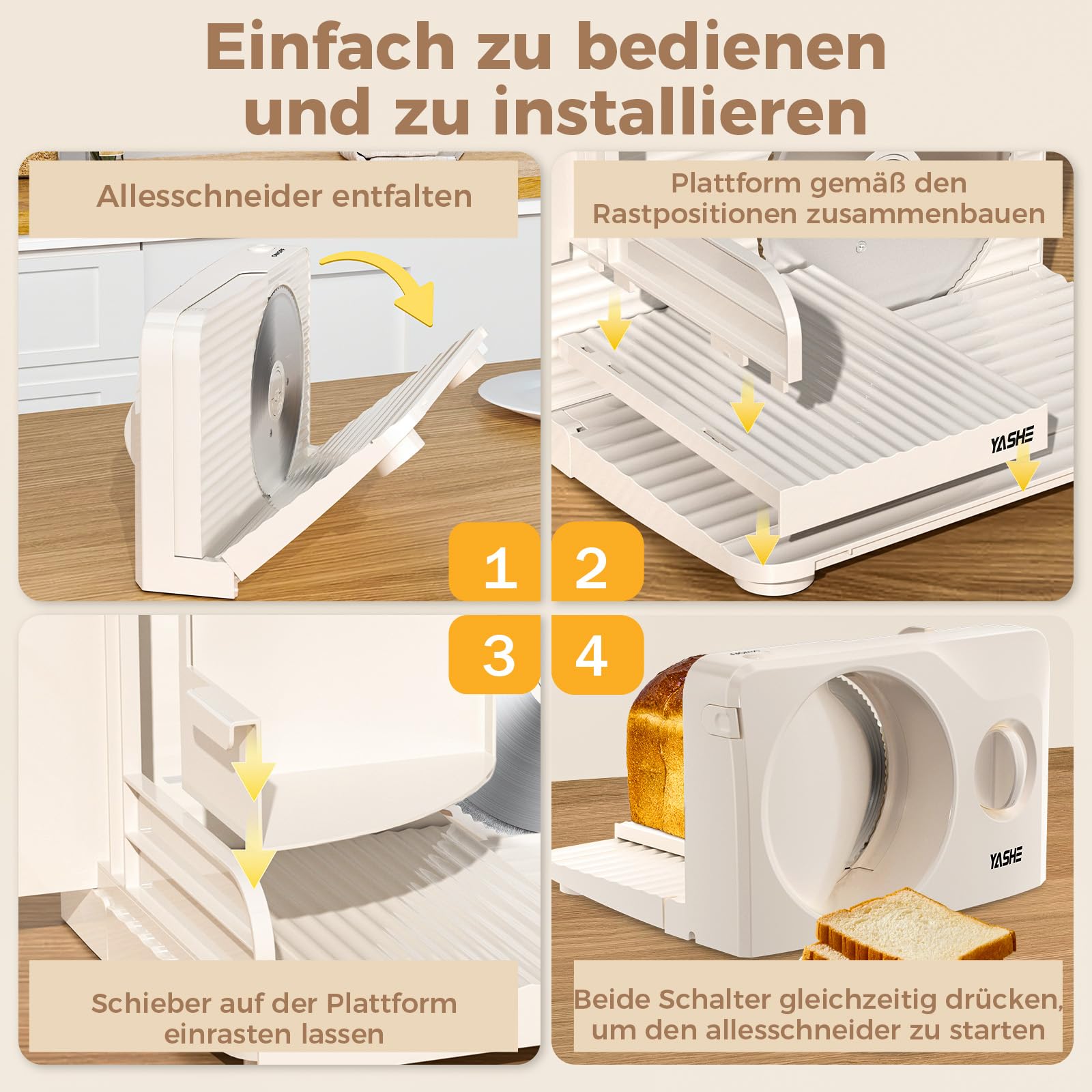 YASHE Elektrischer Faltbarer Allesschneider 180W Brotschneidemaschine 17 cm Wellenschliffklinge Einstellbare Schnittstärke 0–15 mm