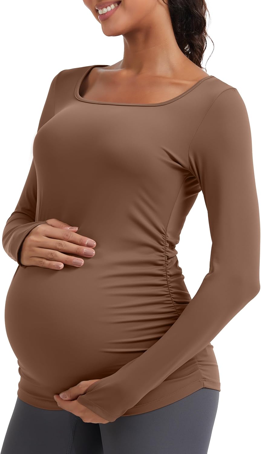 MathCat Maternity Long Sleeve Shirt with Thumbleholes, Maternity Tops Squar Neck Side Ruched Pregnancy Yoga Casual Tee
