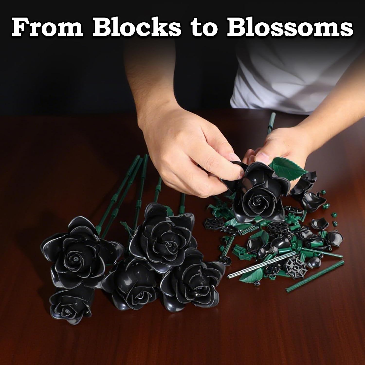 12 Black Roses Building Block Bouquet Set, 585 PCS Artificial Flowers– Symbol of Mystery, Elegance & Transformation – Gothic Romantic Gift for Partner, Home Décor