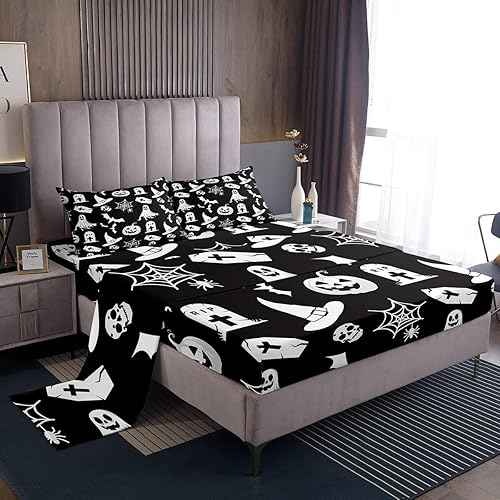 Erosebridal Juego de sábanas góticas en blanco y negro para decoración de lápidas de Halloween, calabaza, farol, sábana de bruja, sombrero de bruja,