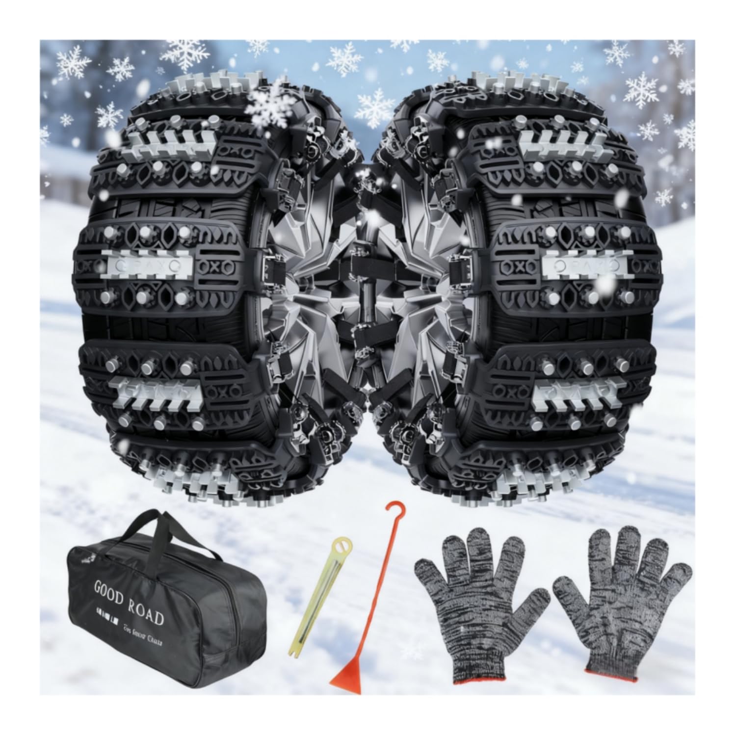 タイヤチェーン 非金属 ジャッキ不要 8本セット 雪道/凍結路/事故/悪路対応 165-275mm汎用 簡単10秒装着 アイスバーン対策 緊急脱出用 車用滑り止めチェーン 耐久樹脂製 タイヤ保護設計 (収納袋+除雪スクレーパー+作業手袋+専用レンチ付き) 冬用防災セット