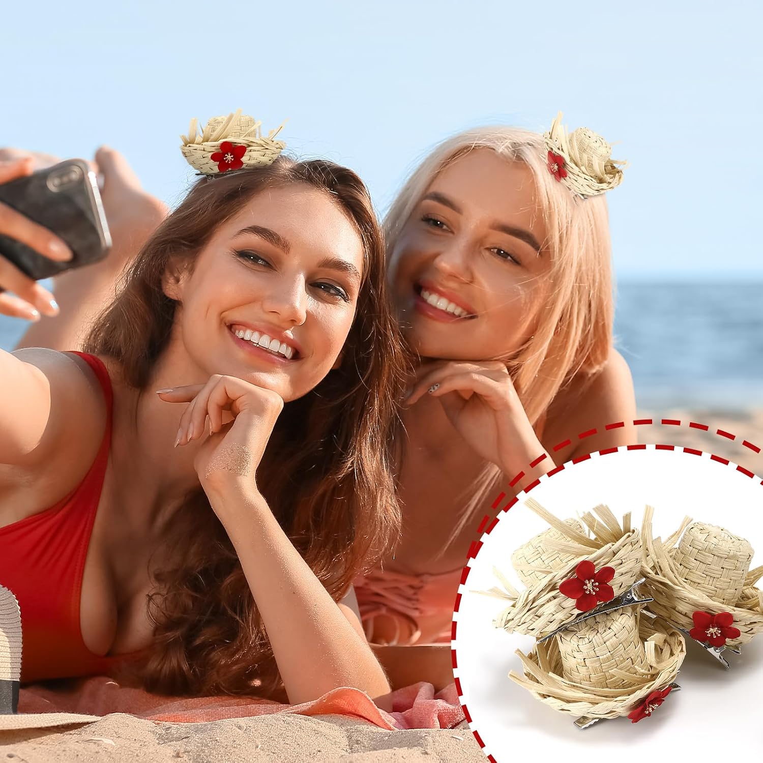 Canlierr 4 Pcs Mini Pava Straw Hat Hair Clips with Hibiscus Puerto Rico Straw Hat Decor 2.76" Hawaiian Luau Farmer Cap Hair Clips for Women Concert Costume Beach Luau Party Accessory