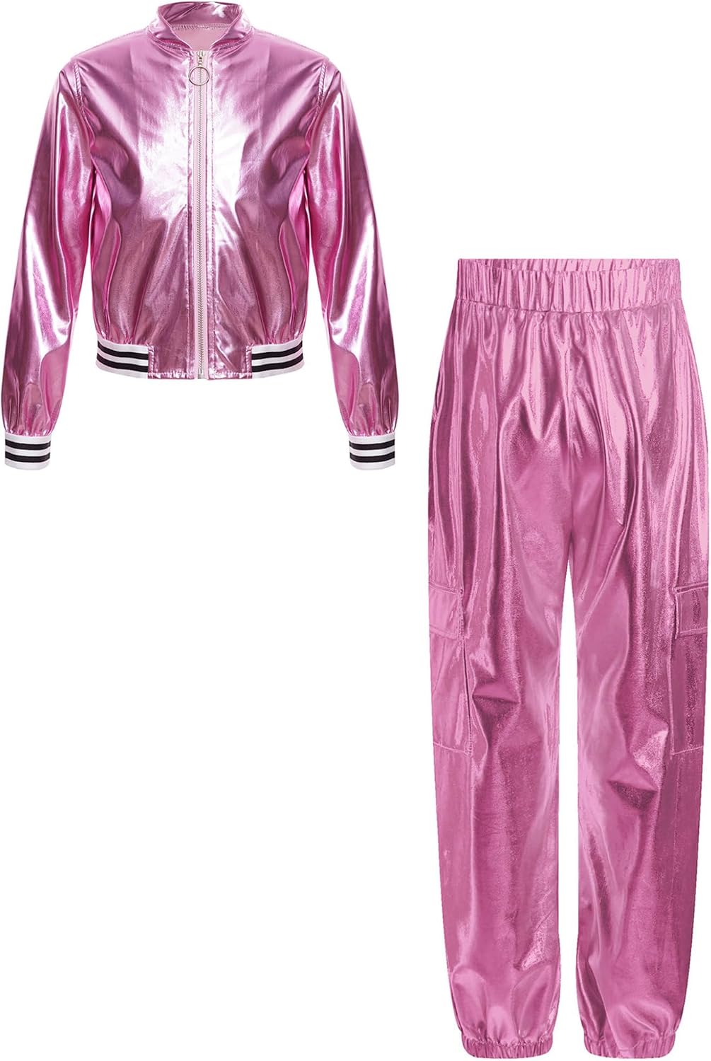 Kids Boys Girls Shiny Metallic Long Sleeve Bomber Jacket Coat and Hip Hop Jazz Modern Dance Pants Set Tracksuit