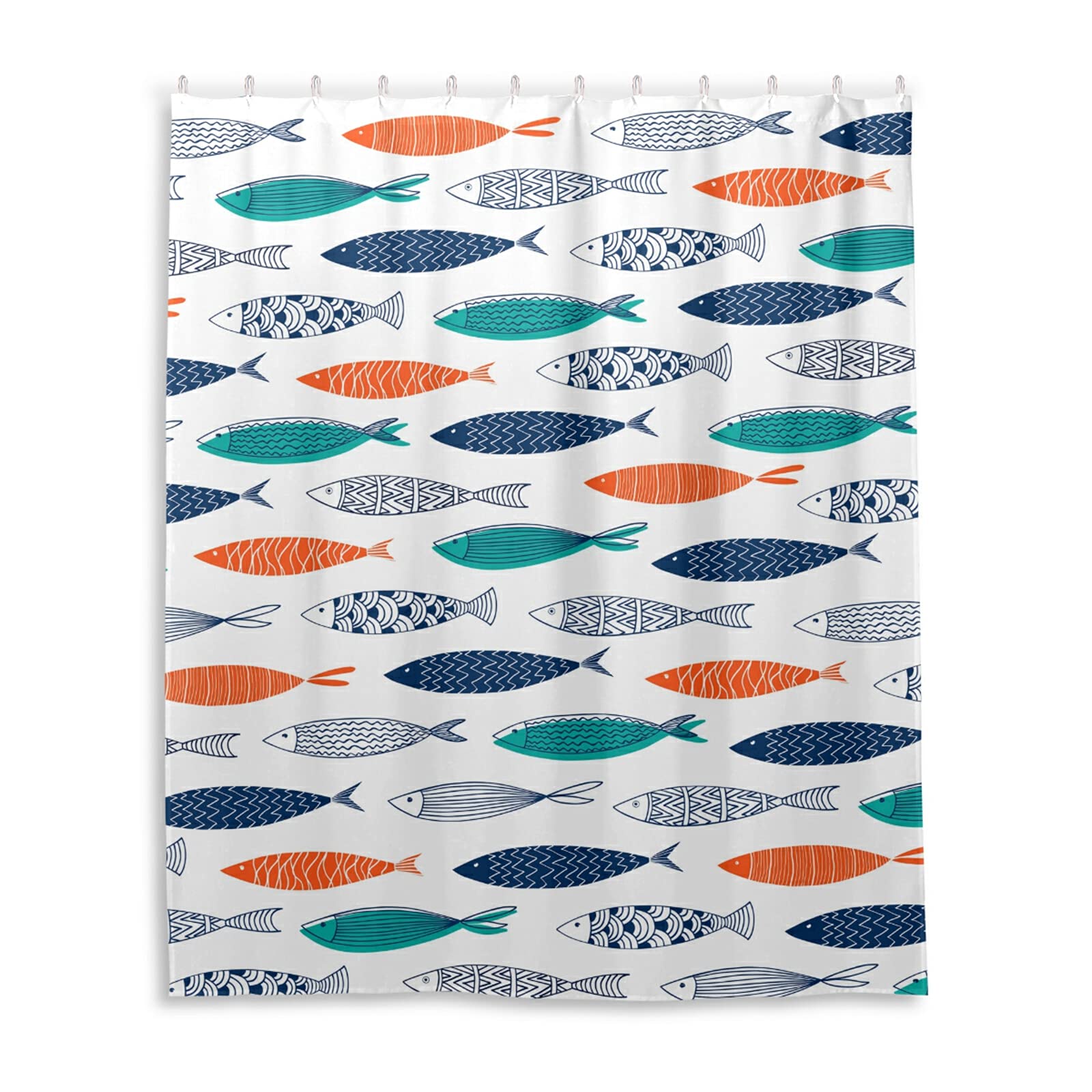 Orange Green Blue Fish Seamless Tribal Ethnic Fishes on White Waterproof Shower Curtain, Machine Washable Polyester Cloth with 12 Hooks, No Smell Bath Tub Stall Curtain Liner 48"(W) x72(H)