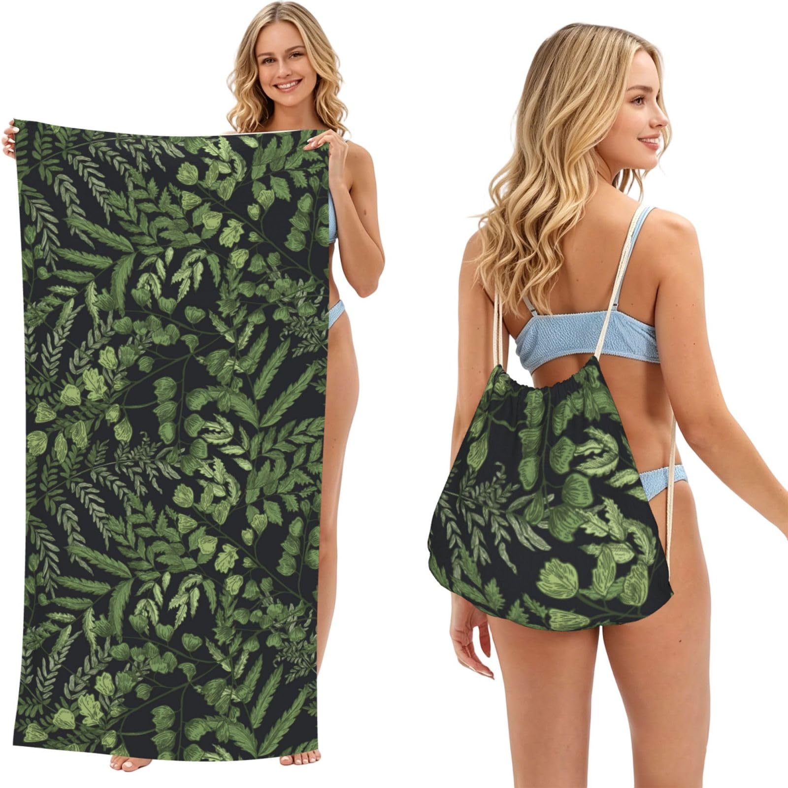 Poadnly As Picture Leaves Botanical, 2 In 1 Packable Towel Bag, Beach Towels With Drawstring Backpack For Travel Holiday Camping