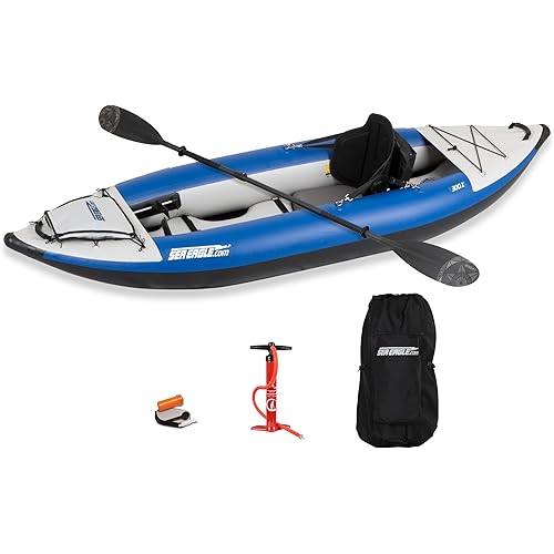Sea Eagle 300X Explorer Touring, Camping, Fishing Whitewater Inflatable Kayak, Solo, Self-Bailing, Drop Stitch Floor-Paddle, Seat, Pump, Skeg, Bag