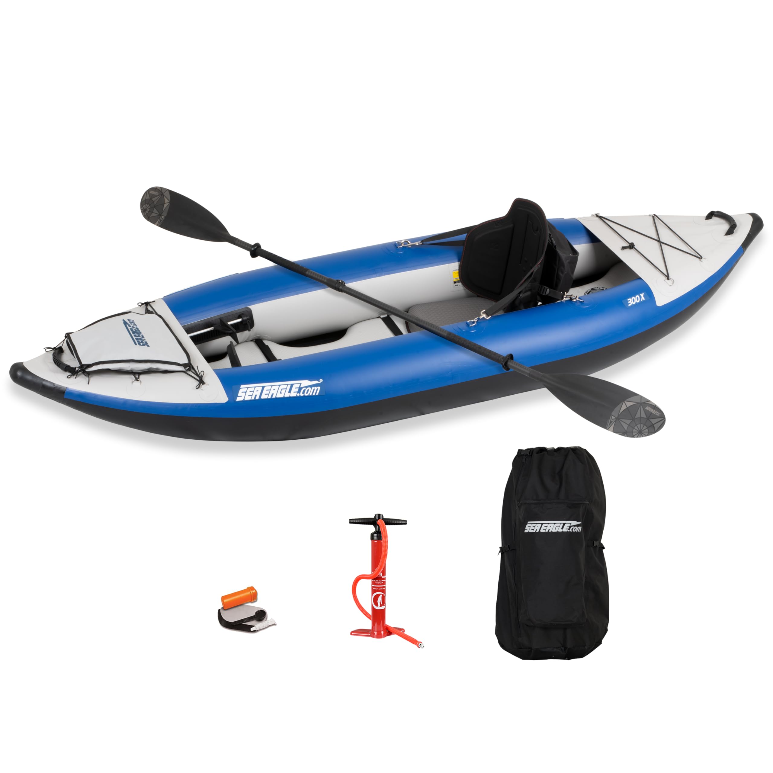 Sea Eagle300X Explorer Touring, Camping, Fishing Whitewater Inflatable Kayak, Solo, Self-Bailing, Drop Stitch Floor-Paddle, Seat, Pump, Skeg, Bag